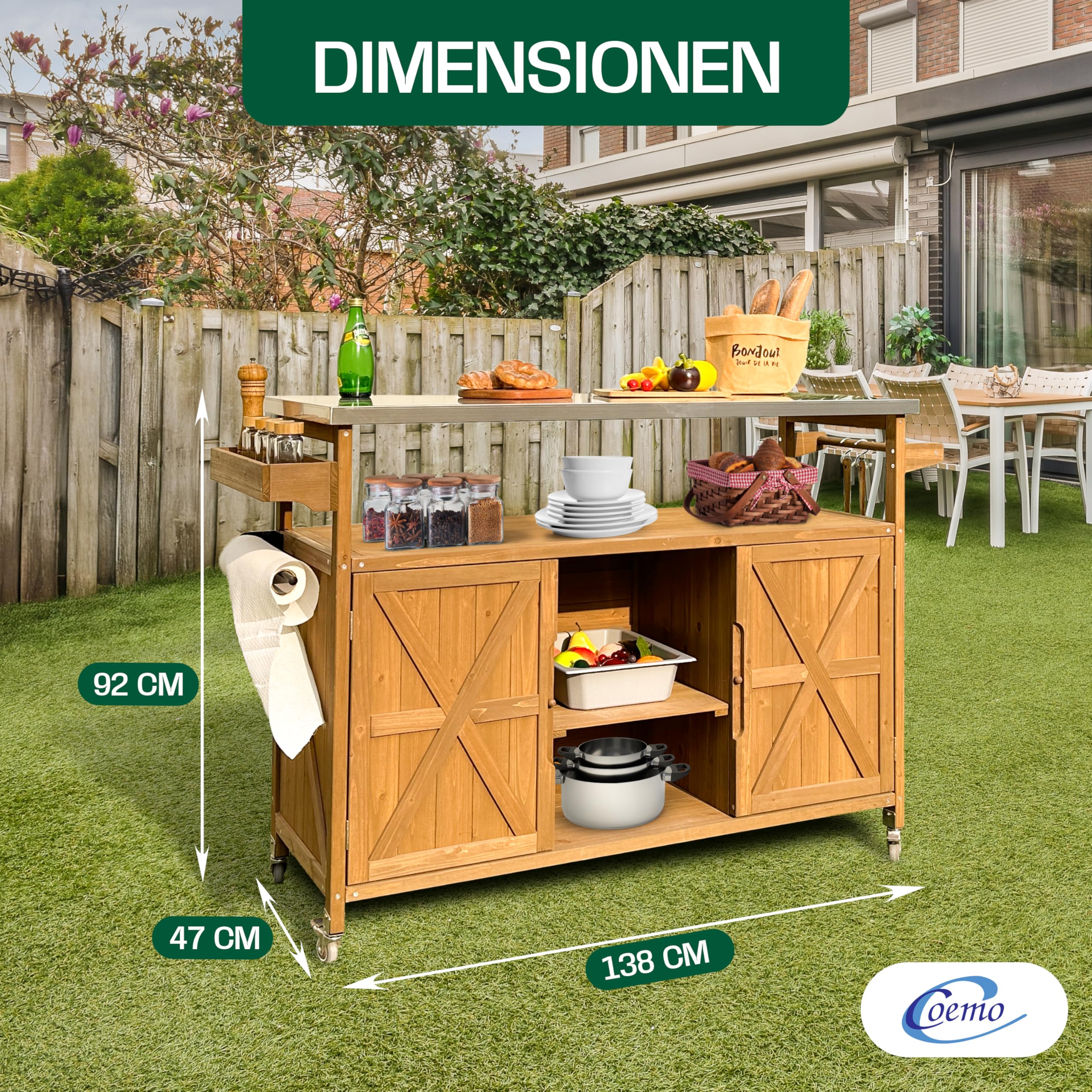 Coemo James - Carrito de cocina con ruedas (madera, tapa de acero inoxidable, isla de cocina con puertas, toallero, armario de cocina, con ruedas, 138 x 47 x 92 cm)