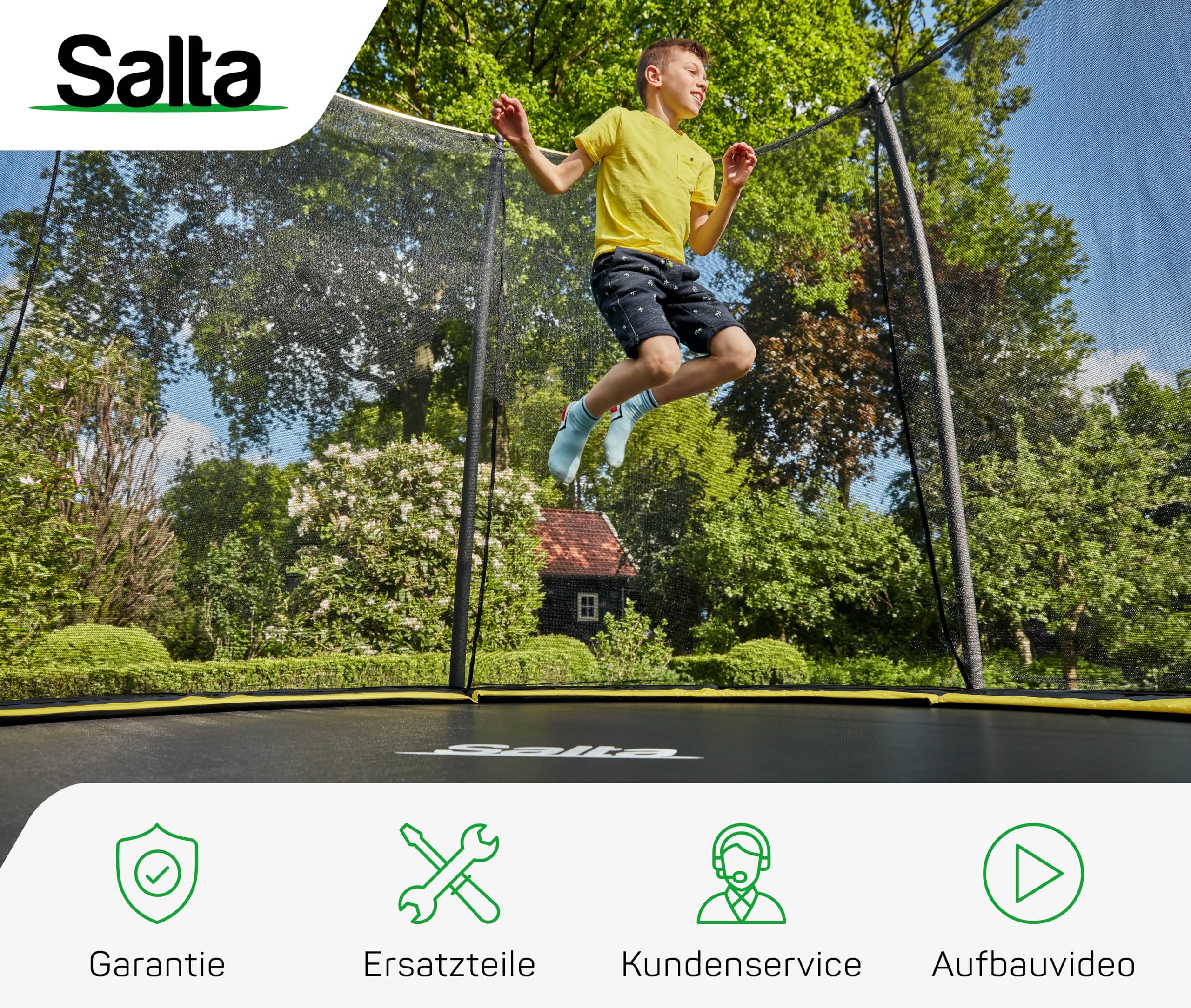 Salta Comfort Edition – ⌀183/213/251/305/366/396/427cm - TÜV geprüft – Schwarz/Grün/Pink - rundes Outdoor Trampolin, Gartentrampolin - Set mit Sprungmatte, Sicherheitsnetz, Federn, Randabdeckung