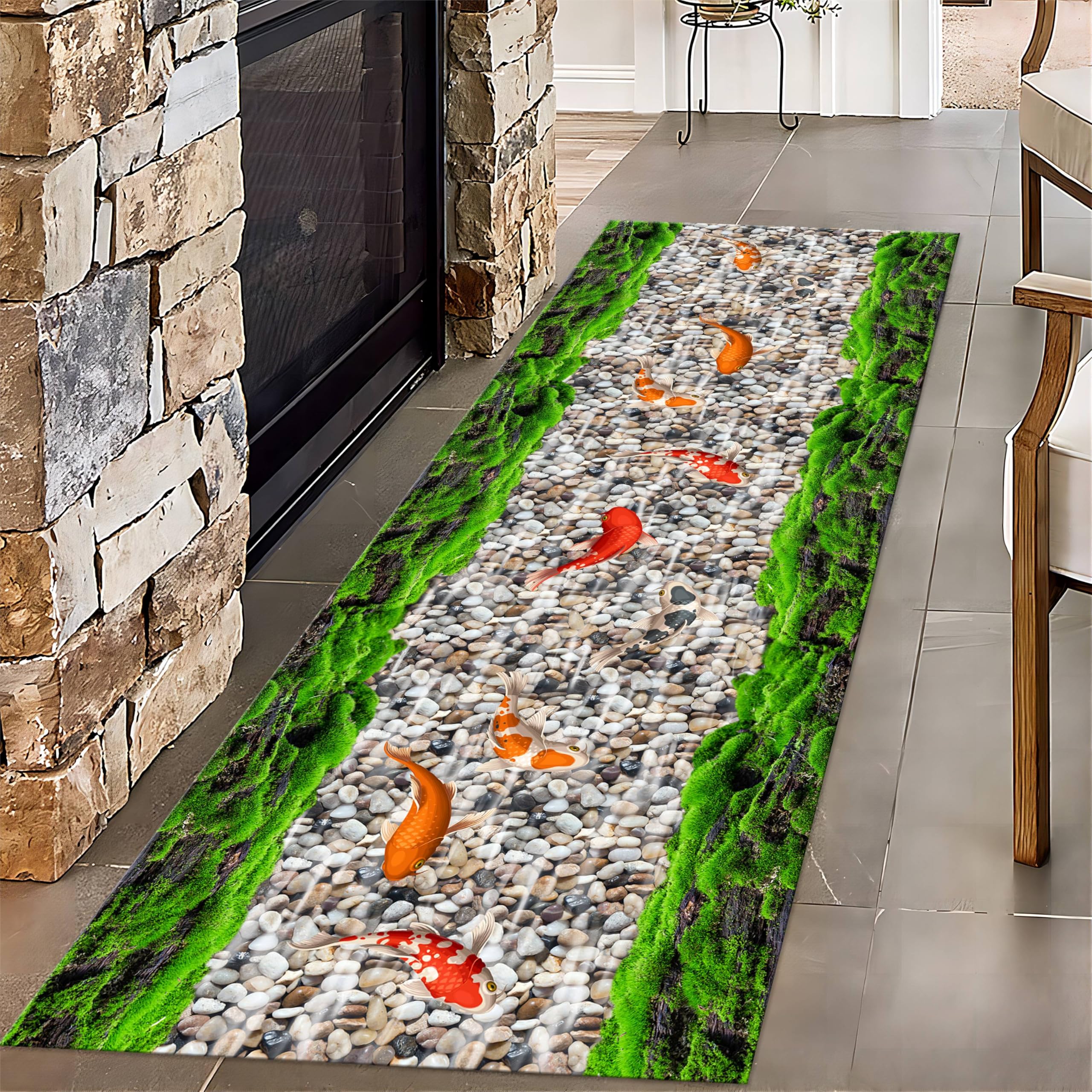 3D Natural Landscape Floor Carpets, 2x6ft, Pond Goldfish Moss Indoor Rug, Shed Resistant Soft Non-Slip Mats, Home Decor Machine Washable Rugs for