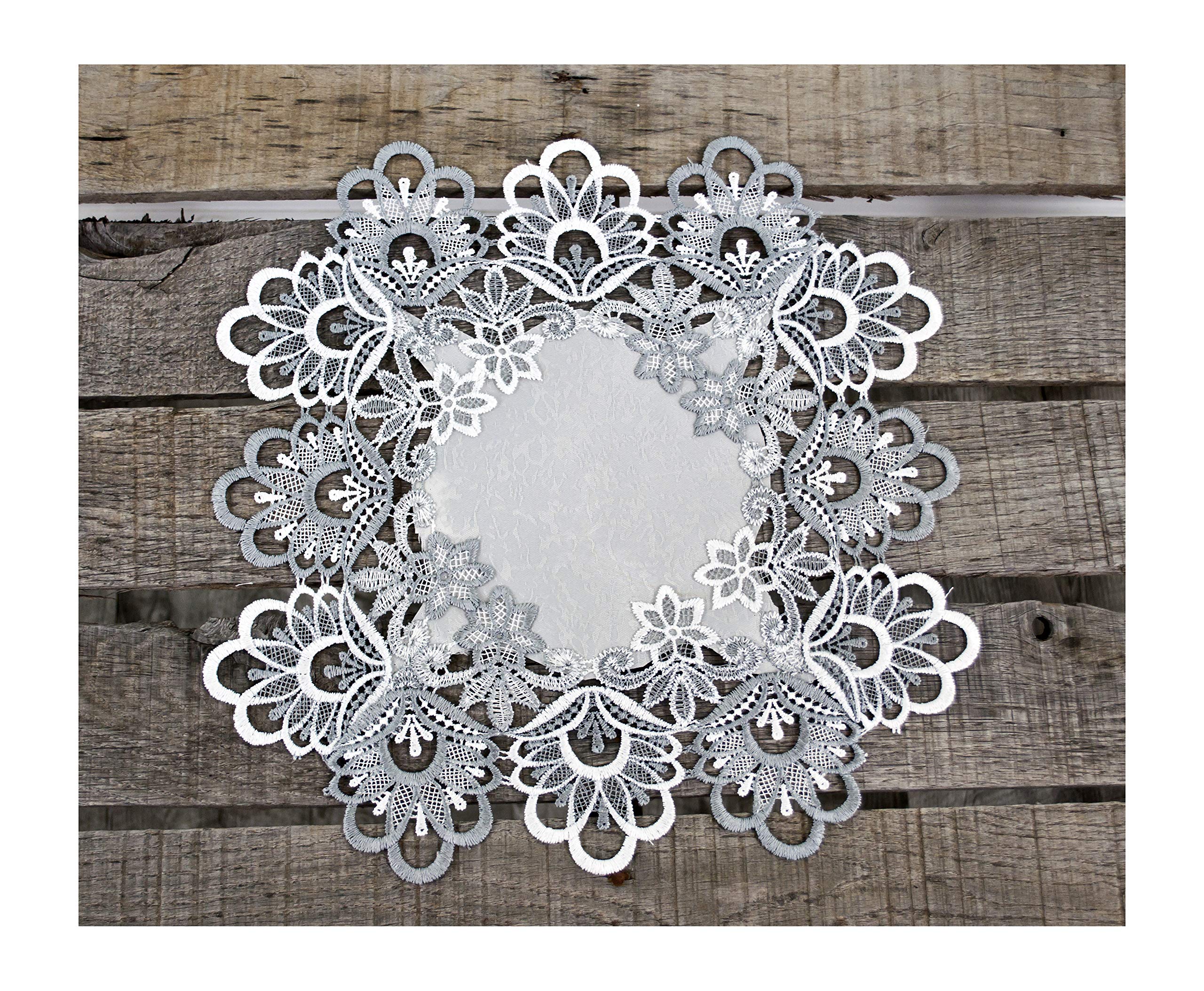 Silver Antique Jacquard Peacock Tail Lace Doily, Place Mat, Table Centerpiece, Table Topper (14 Inch Square)