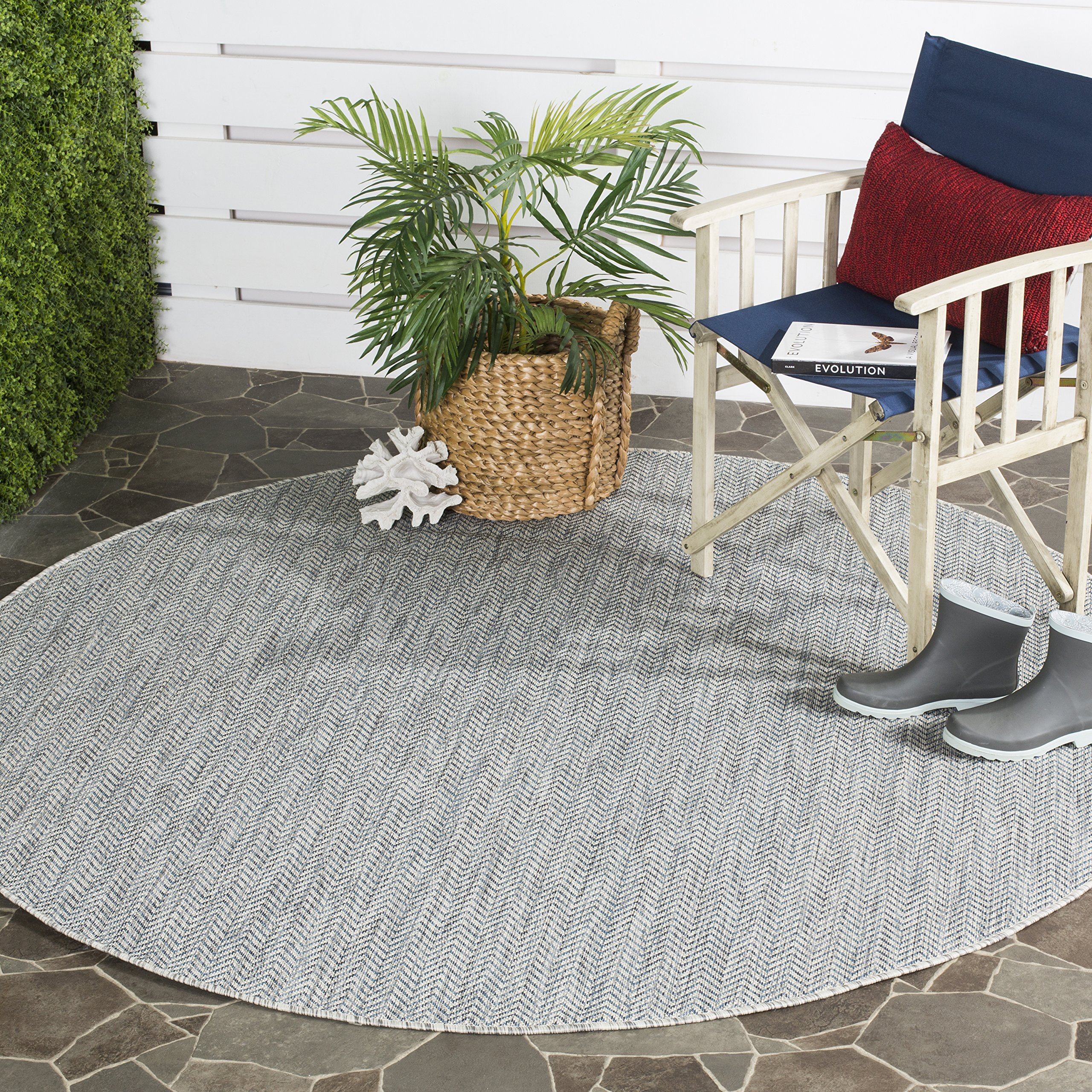 SAFAVIEH Courtyard Collection 9' Round Grey/Navy CY8022 Indoor/ Outdoor Waterproof Easy Cleaning Patio Backyard Mudroom Area Rug