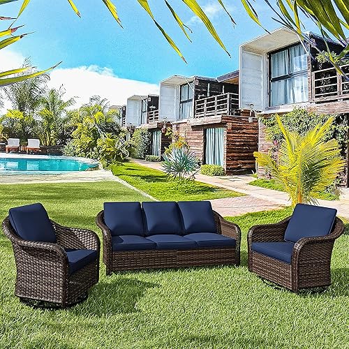 3 Pieces Patio Conversation Set, 78" Wicker 2-Seat Couch with Washable Cushions, Wicker 360 Degree Swivel Glider Rocker Chairs, Sofa for Garden, Lawn (Navy Blue)