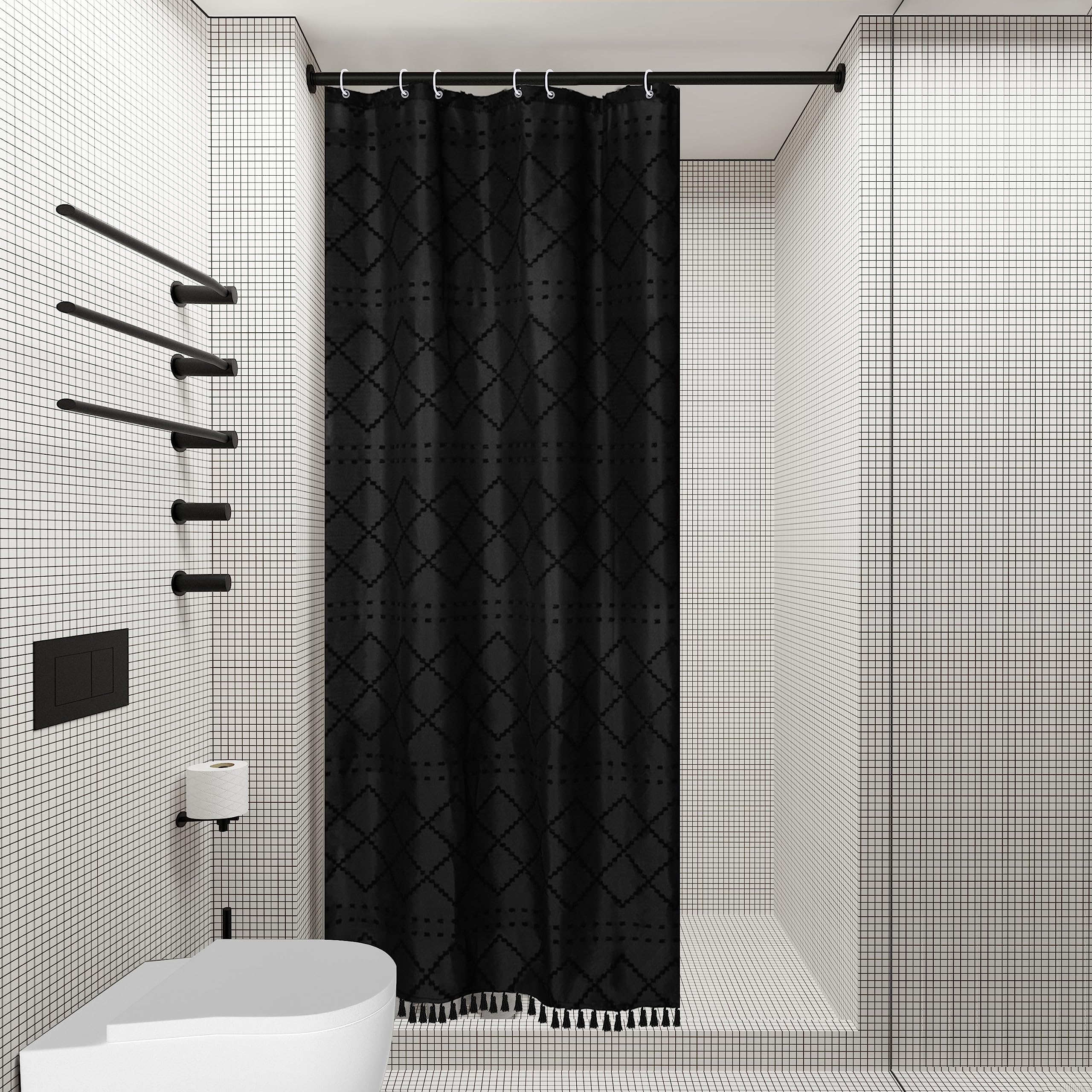 Siiluminisoy Small Stall Shower Curtain Black Fabric Shower Curtain 36 x 72 Half Size Tufted Texture Striped Textured Minimalist Cloth Shower Curtains for Bathroom