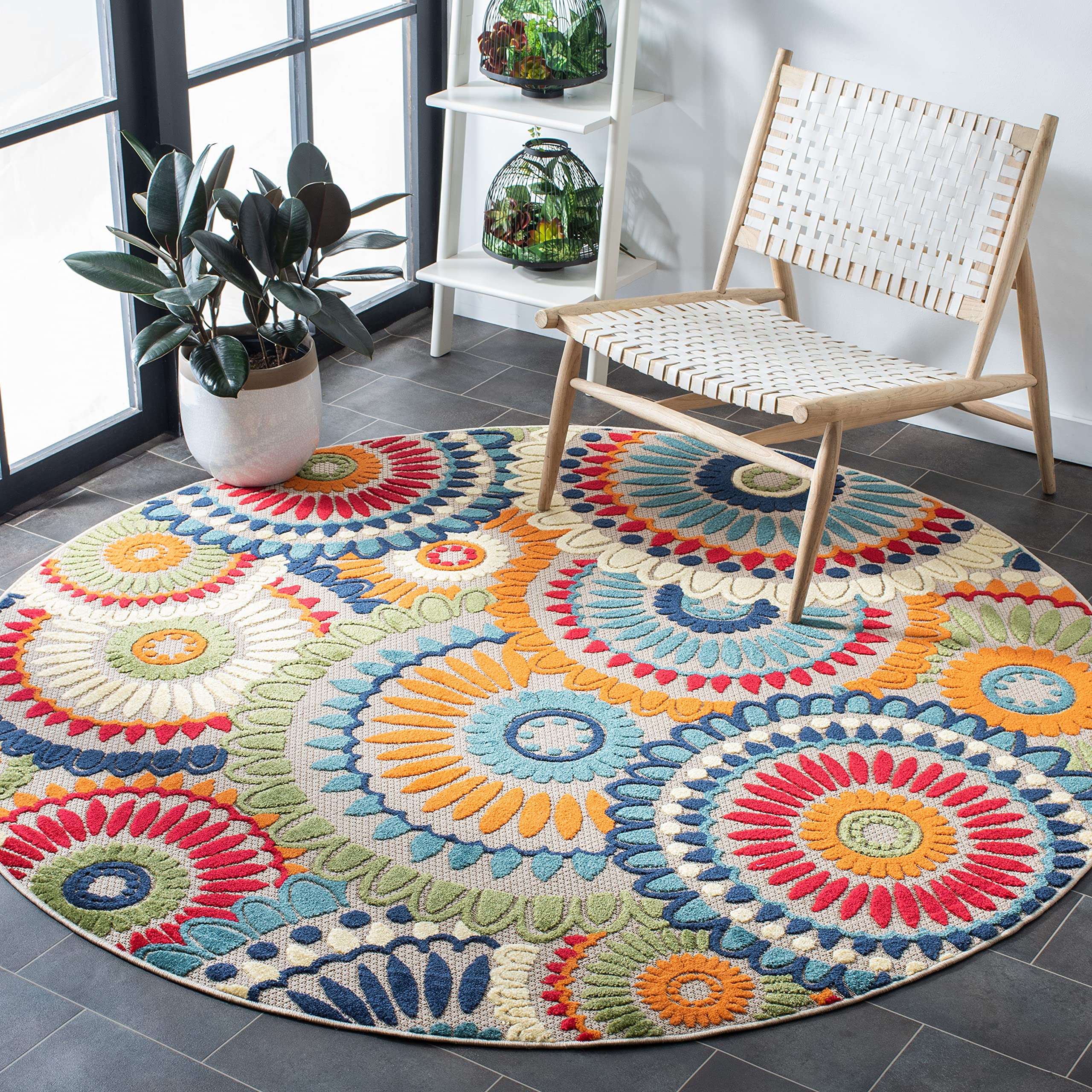 SAFAVIEH Washable Rug Outdoor Cabana Collection - 6'7" Round, Blue & Ivory, Non-Shedding & Easy to Clean, Ideal for Patio, Backyard, Mudroom (CBN382M)
