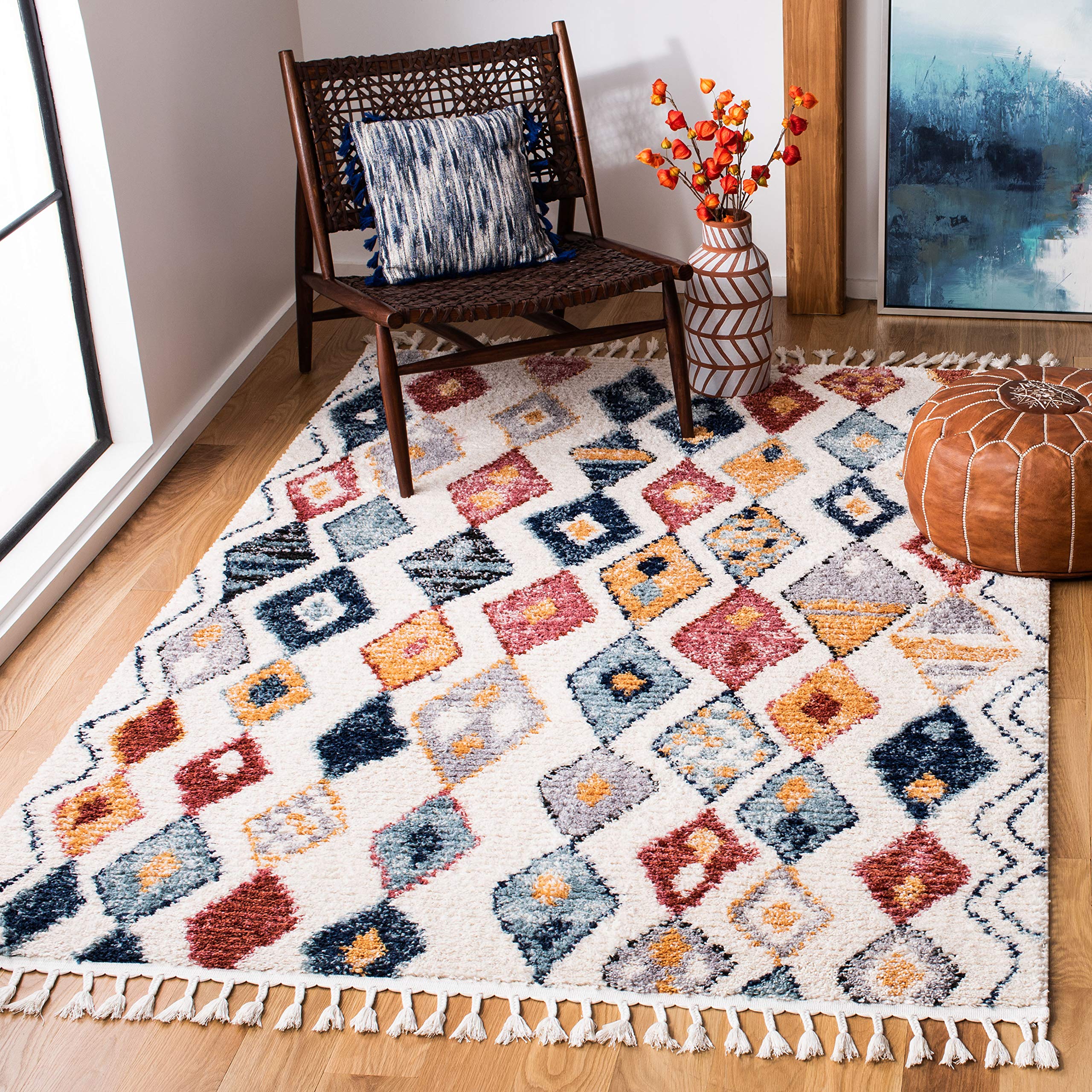 Safavieh Boho Chic Indoor Woven Rectangle Area Rug, Morocco Collection, MRC924, in Cream/Multi, 160 X 229 cm for Living Room, Bedroom or Any Indoor Space