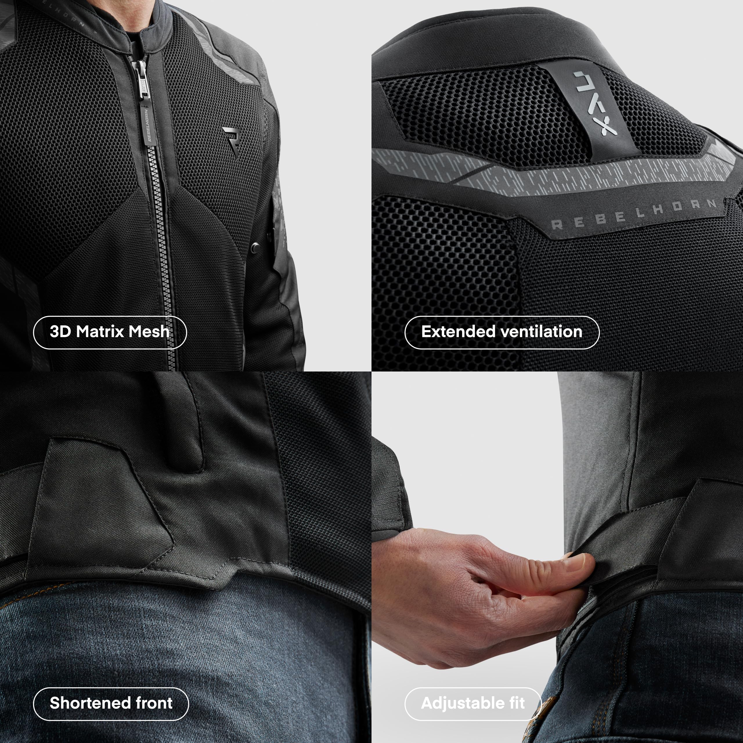 REBELHORN Jax Giacca da Moto Uomo | Tessile | Protezioni per Gomiti, Spalle e Schiena Livello 2 | Membrana Humax Rimovibile | Grandi Pannelli di Ventilazione a Rete | Taglie fino a 10XL