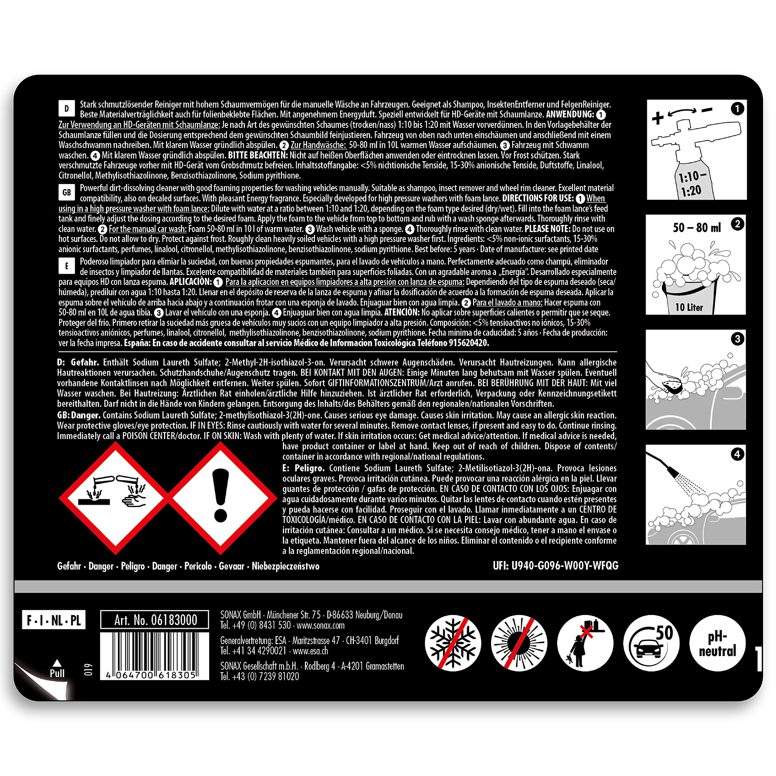 Sonax 04965410 Foamsprayer Pulverizador De Presión Champú Coche 1 Litro (1 Unidad) + No De Artículo 06183000 Profiline Actifoam Energy Limpiador Con Fuerza De Espuma (1 Litro)