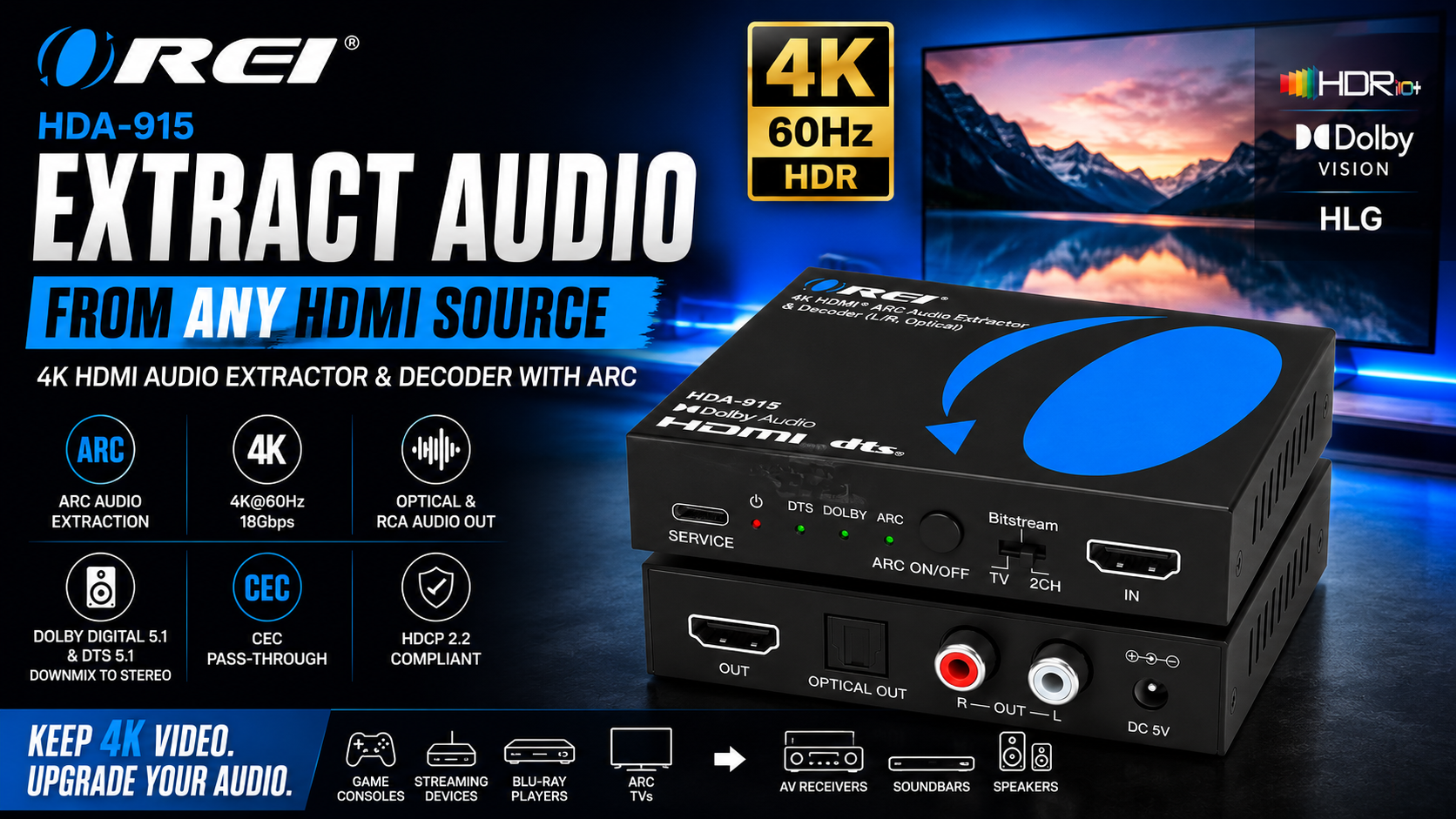OREI 4K@60Hz HDMI Audio Extractor & Decoder with ARC, HDCP 2.2