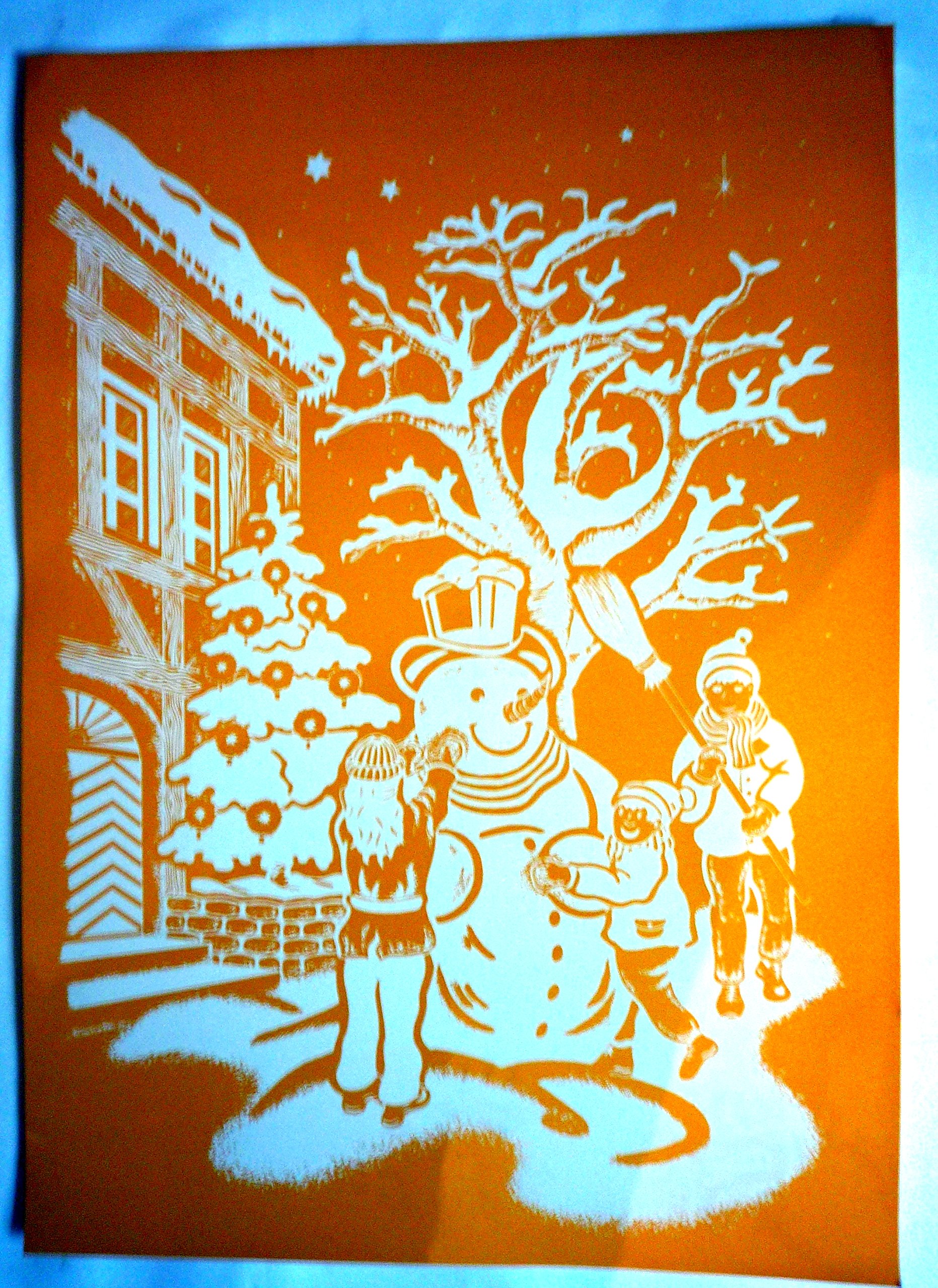 3 er Set XXXL RETRO KULT 68 x 48,5 cm groß "SCHNEEMANN VOR HAUS MIT BAUM UND KINDERN IN WINTERLANDSCHAFT " , Fensterdekoration Fensterbild, Fensteraufkleber, MADE IN GERMANY Wandtattoo Deko Sticker, Weihnachtsdekoration, Schaufenster In- und Outdoor , Kin