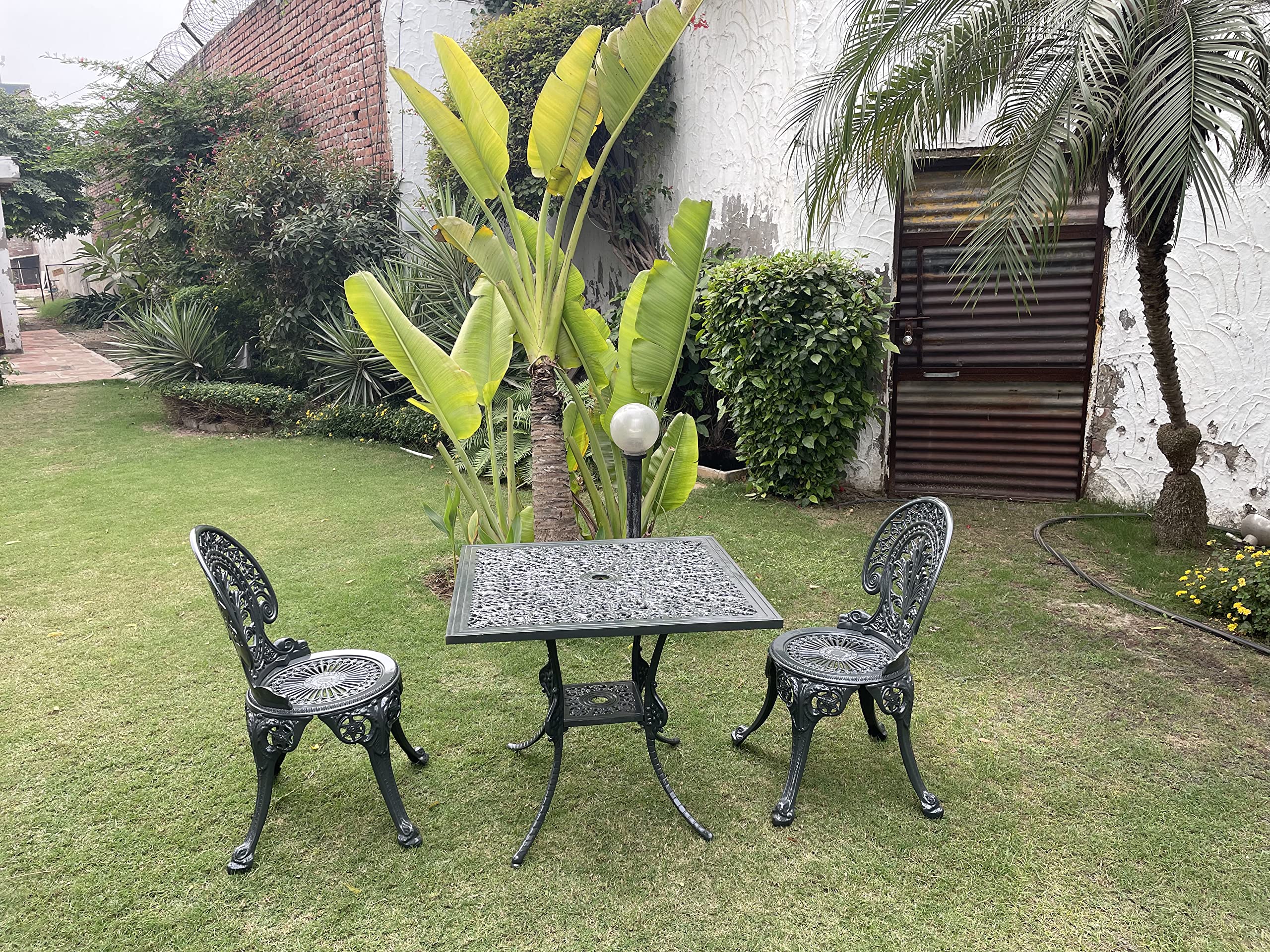 Regalia Series Cast Aluminum Furniture Set of 1 Square Table & 2 Chairs | Aluminum Patio Furniture | Bistro Chair & Round Coffee Table Set for Garden, Outdoor, Balcony, Roof Top (Grey)-image-16
