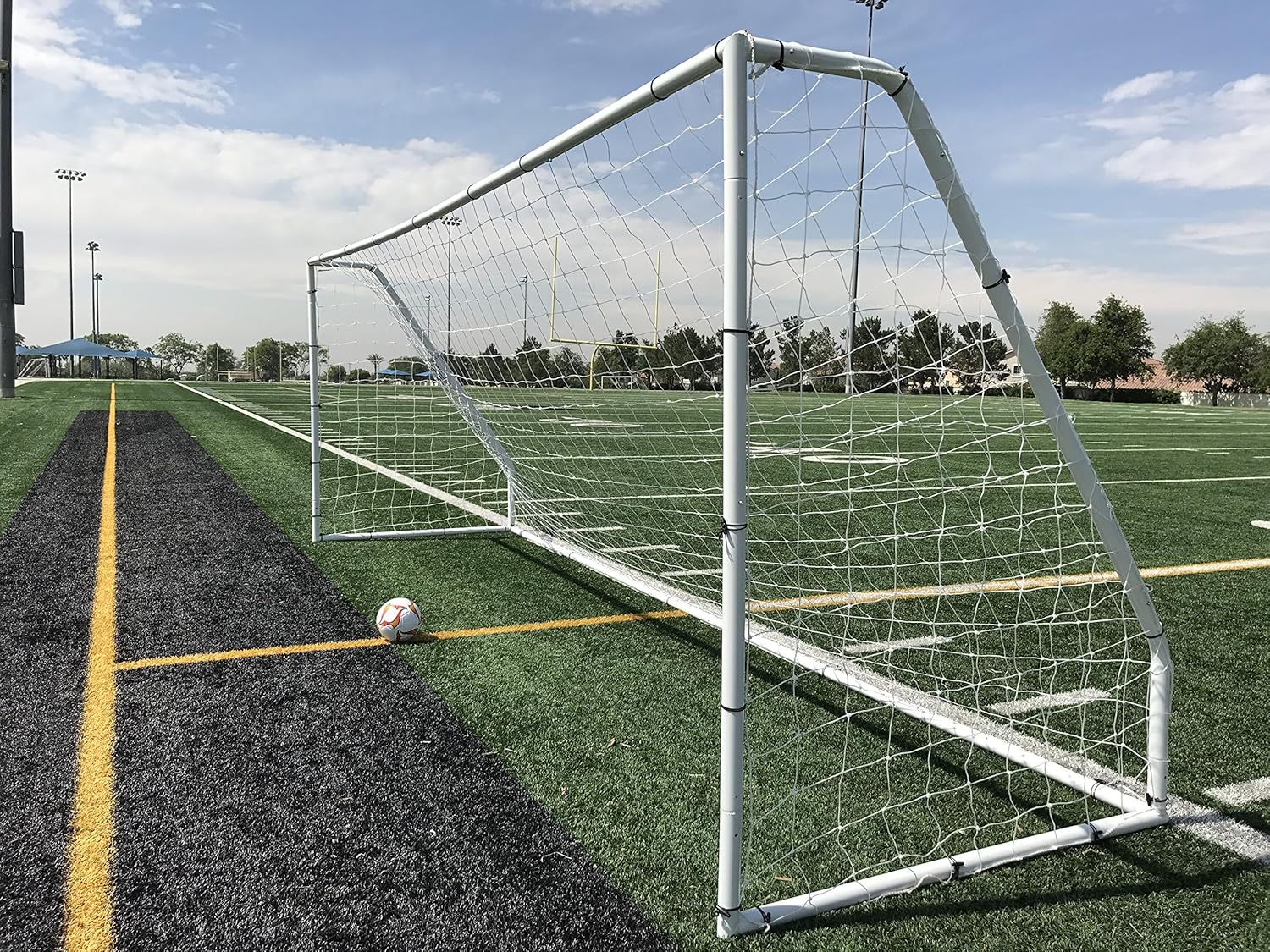 Premier 18 X 7 Ft. Official Regulation Soccer Goal. 2" Diameter Powder Coated Steel Frame w/Durable 4mm 2 Nets, Ground Stakes, Elastic Clasps & Re-Usable Ties. 18x7 Foot.