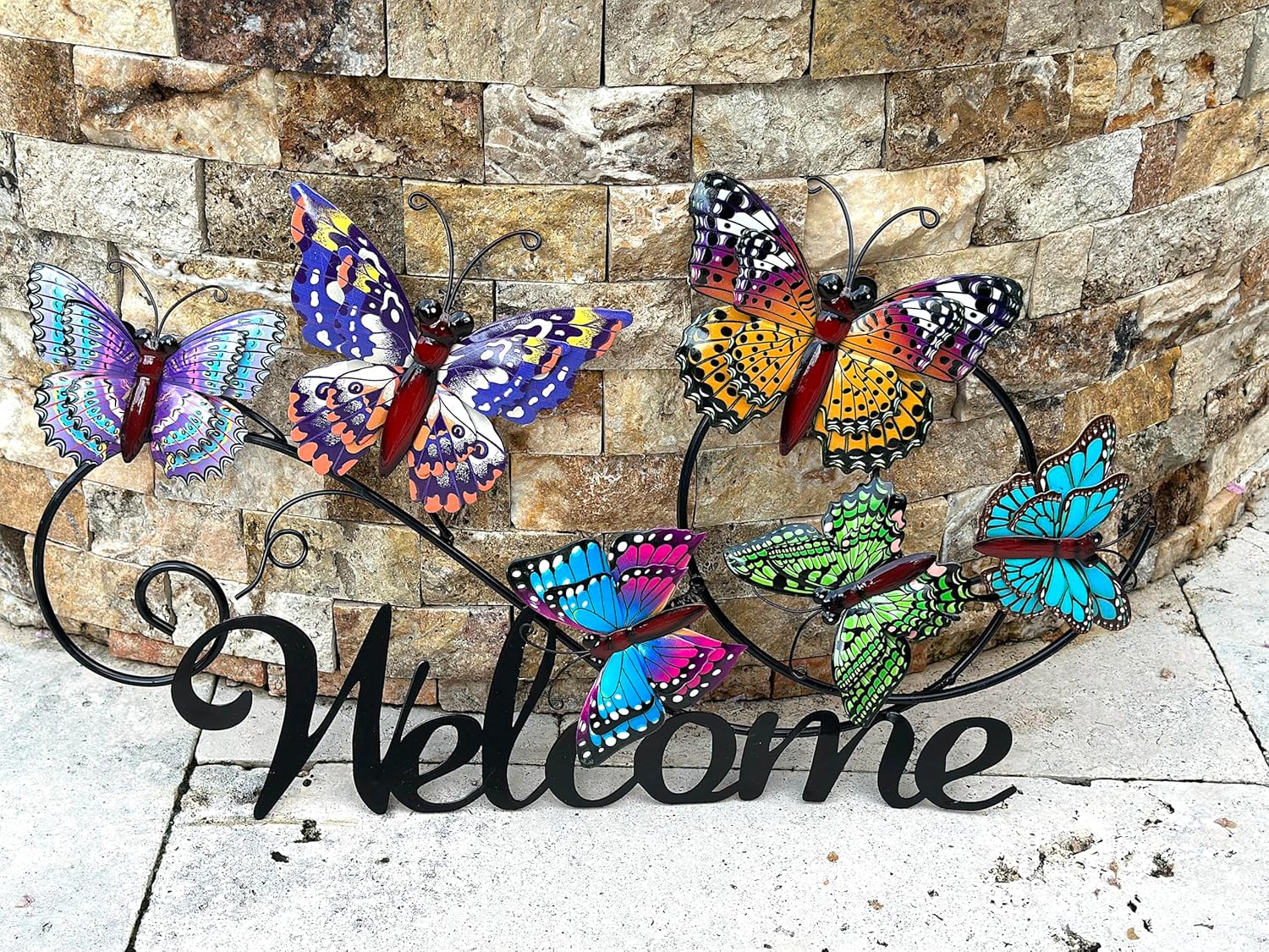 Welcome Butterfly Sign Large Rustic Metal Wall Wreath with Colorful Butterflies Indoor Outdoor Entry Door Decoration Home Business Kitchen Porch Patio Garden Business (23" x 14")
