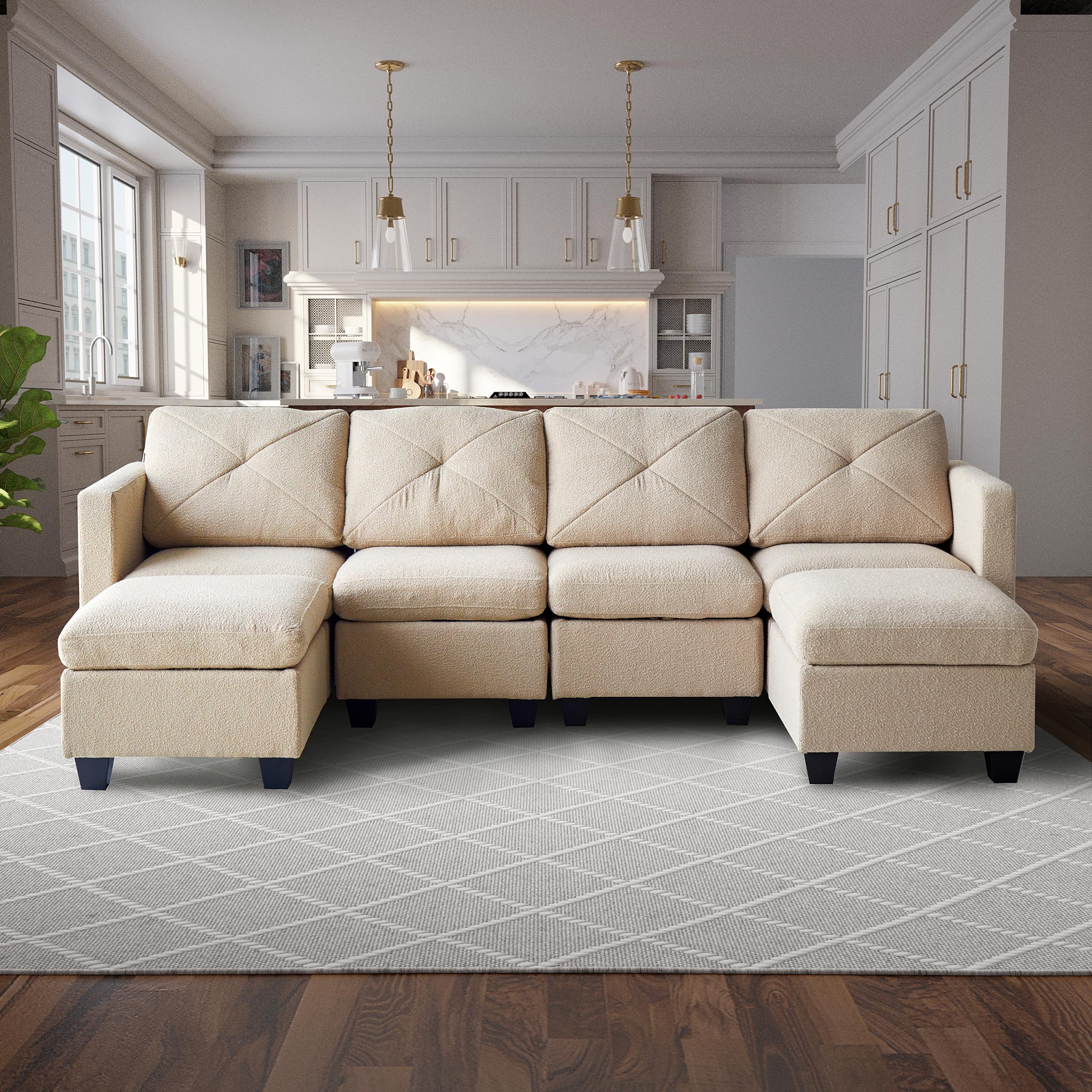 Modern, Boucle Fabric Convertible U Shaped Storage, 6 Seat Modular Sectional Sofa Couch with Chaise for Living Room, Apartment, Large, Beige