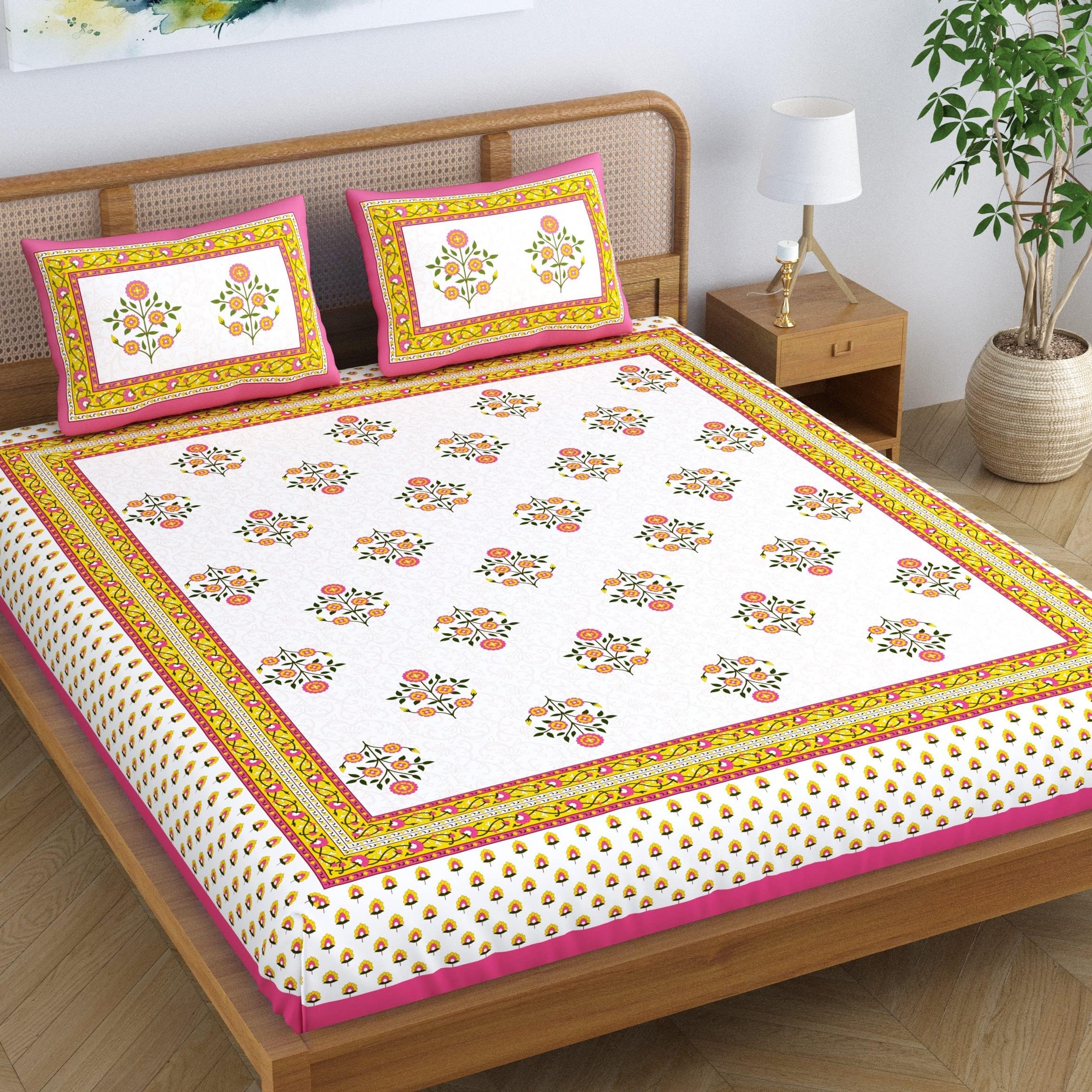 Cotton Blend Jaipuri Floral Printed 104 TC Double Bedsheet King Size with 2 Pillow Covers, Pink Touch