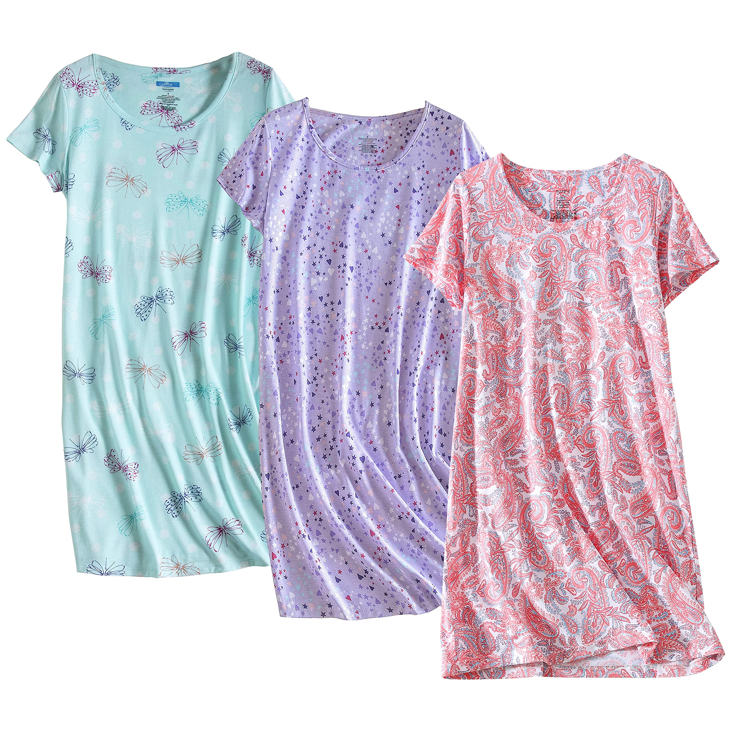 PNAEONG - Camisón de algodón para mujer, manga corta, estampado, informal, 3 unidades