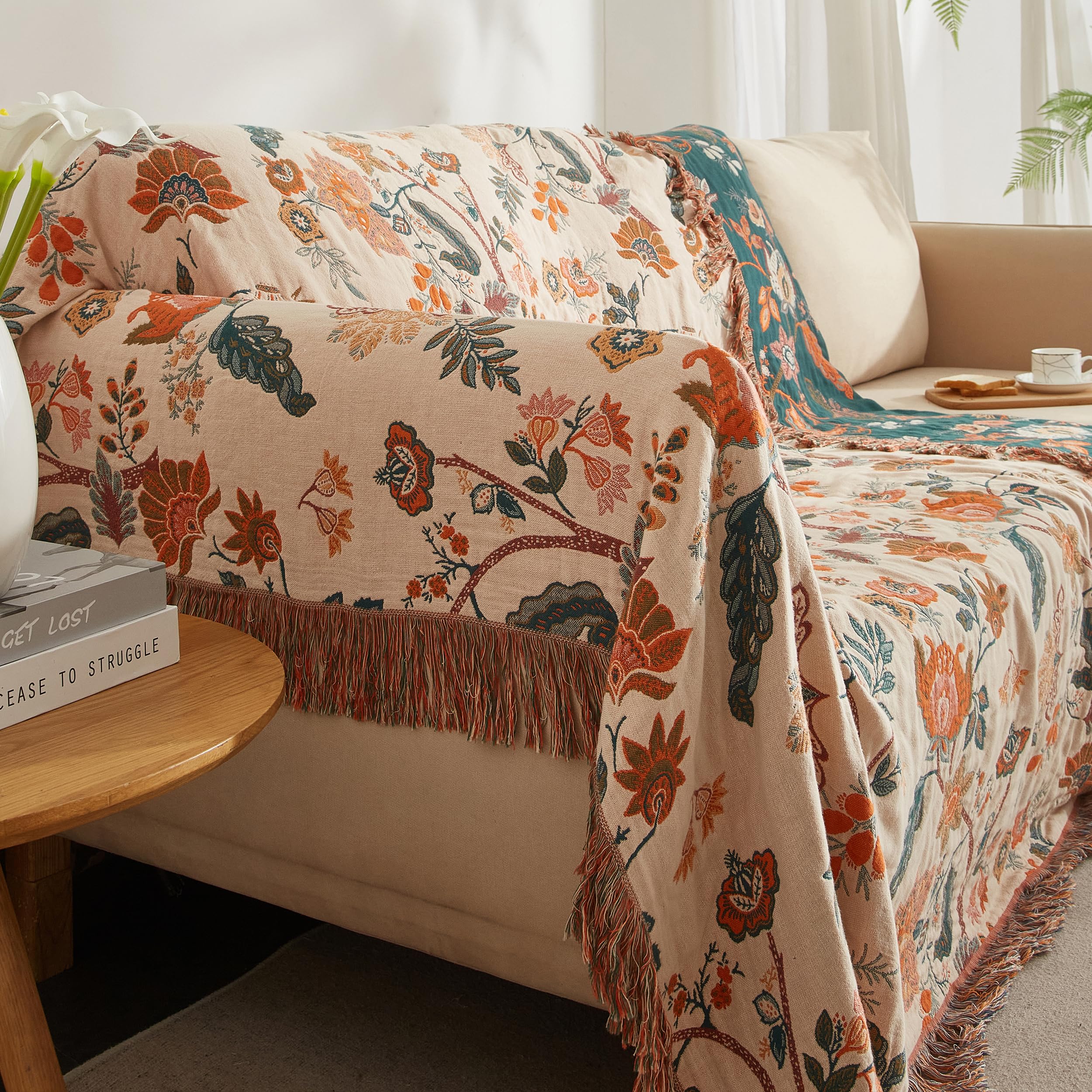 SE SOFTEXLY Boho Decke 100% Baumwolle – Doppelseitige Musselin Tagesdecke 150x200cm, Kuschelige Sofadecke & Bettüberwurf, Aesthetic Design, Ideal für Wohnzimmer & Schlafzimmer, Orange/Grün