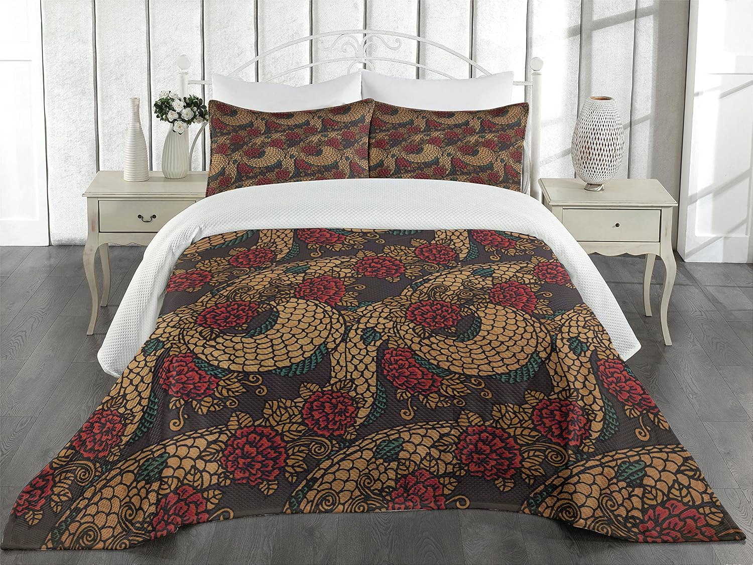 Ambesonne Asian Coverlet, Traditional Design Roses and Dragon Eastern Chinese Pattern, 3 Piece Decorative Quilted Bedspread Set with 2 Pillow Shams, King Size, Jade Green King Size Jade Green