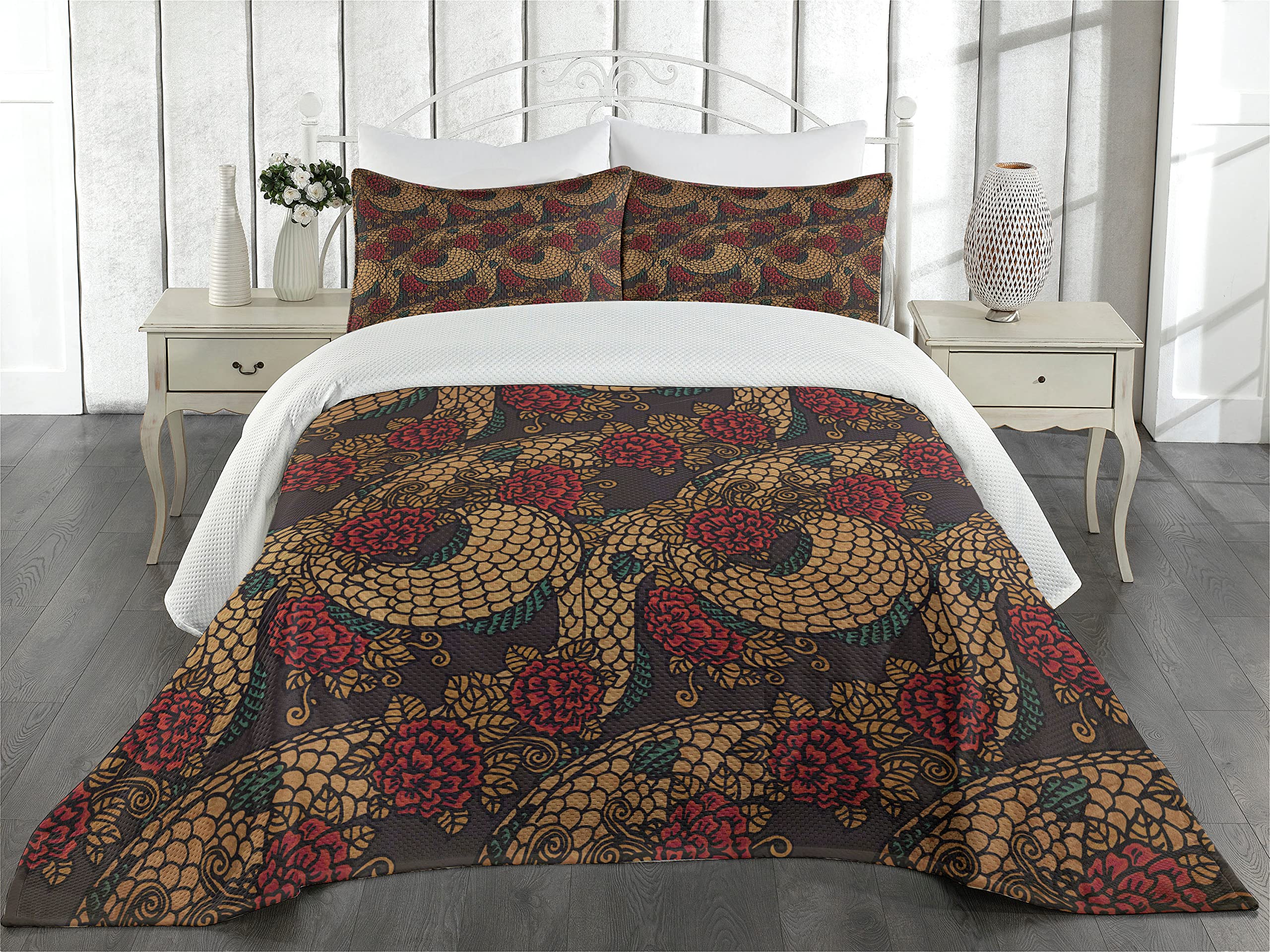 Ambesonne Asian Coverlet, Traditional Design Roses and Dragon Eastern Chinese Pattern, 2 Piece Decorative Quilted Bedspread Set with 1 Pillow Sham, Twin Size, Jade Green Sand Brown