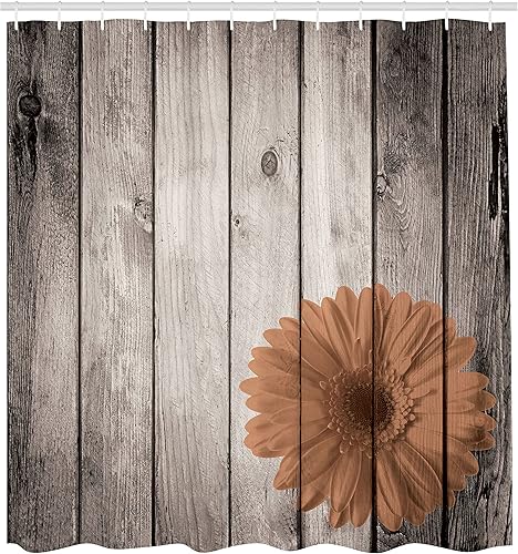 Miniatura 2 de Ambesonne Cortina de ducha rústica, diseño de dalia roja en primer plano de Murky con tablero de madera fechado, impresión artística retro, juego de