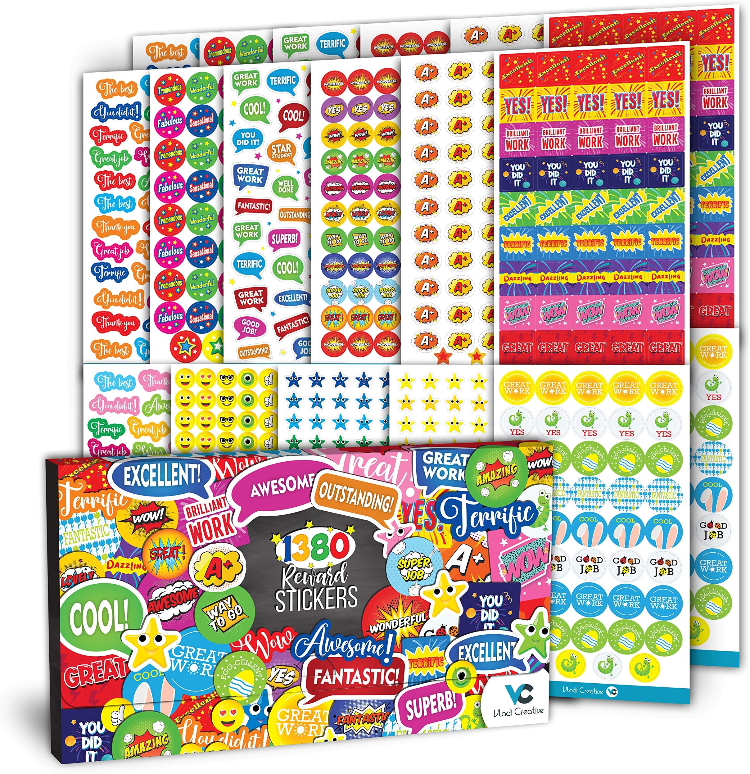 Vladi Creative Teacher Reward Stickers - 1380 Pcs, 22 Sheets of Premium Reward Stickers, Colorful, Fun Designs to Inspire and Motivate Kids & Students, Perfect for Classroom & Homeschool Incentives