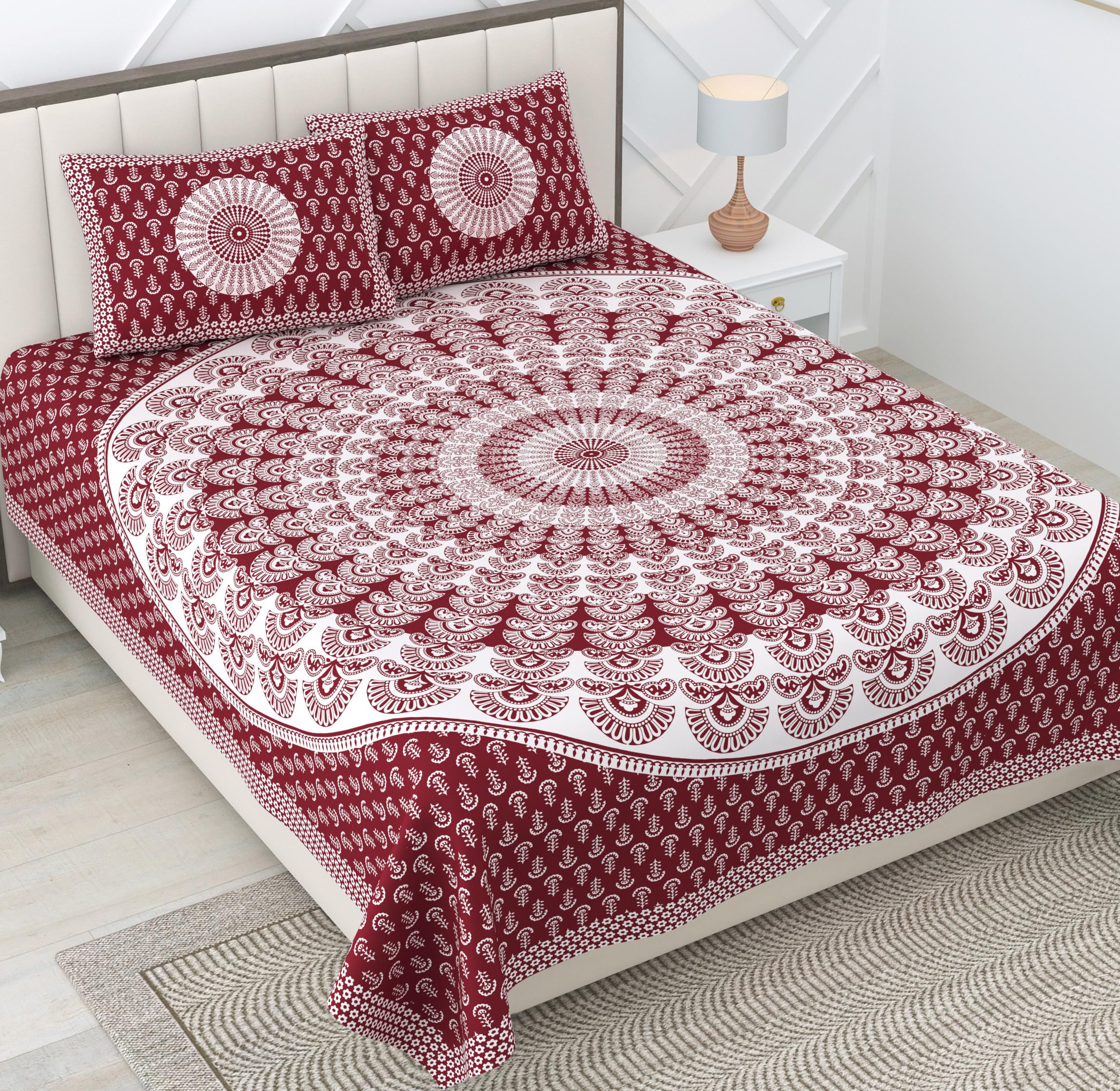 RajasthaniKart® Pure 100% Cotton Double Bed Sheet with 2 Pillow Covers (Bedsheet for Double Bed Cotton, Maroon Rangoli, Jaipuri King Size,5305)-image-17