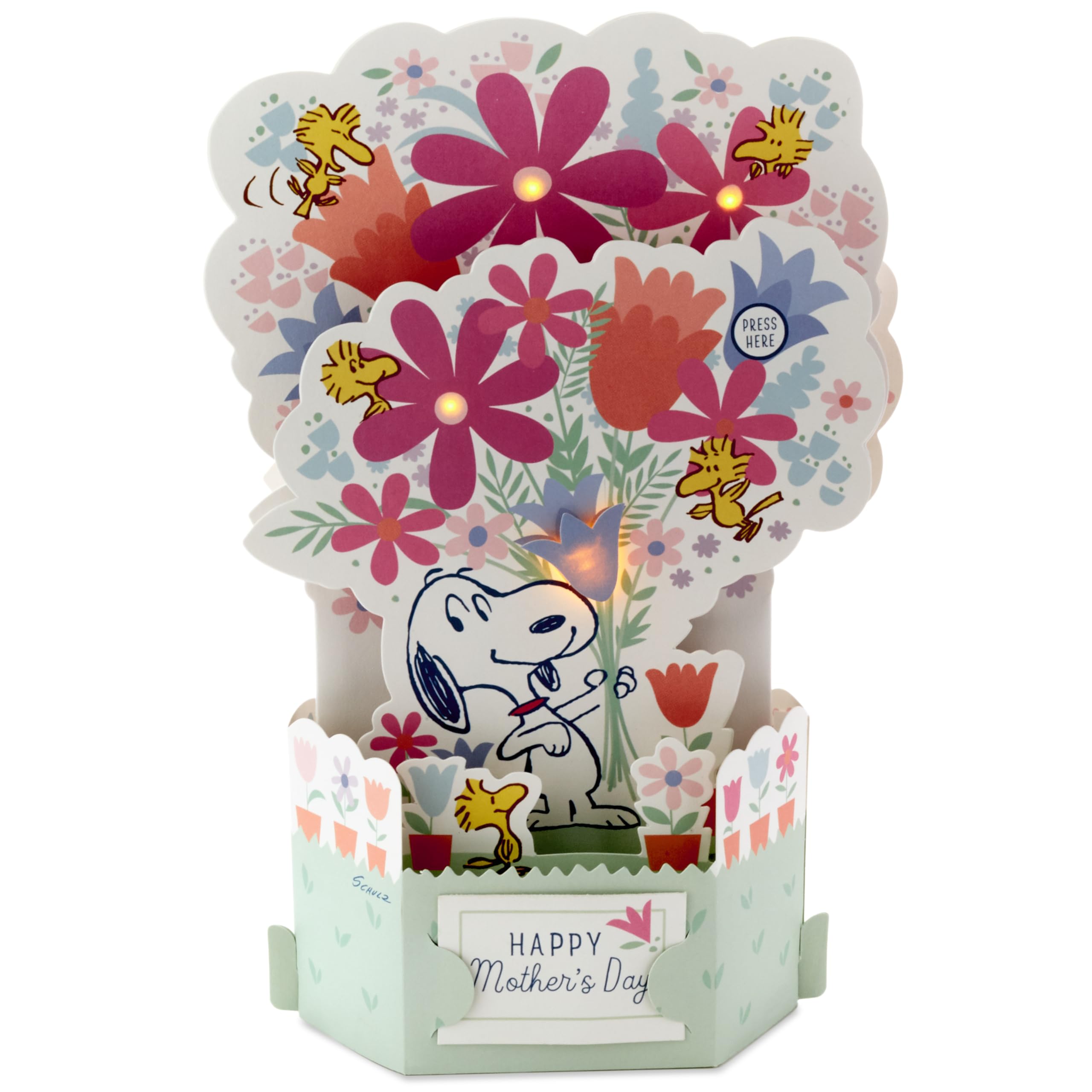 Hallmark Musical & Light Up Mothers Day Card for Mum 3D, Pop Up, PEANUTS SNOOPY & Flowers, Pink, Red, Green