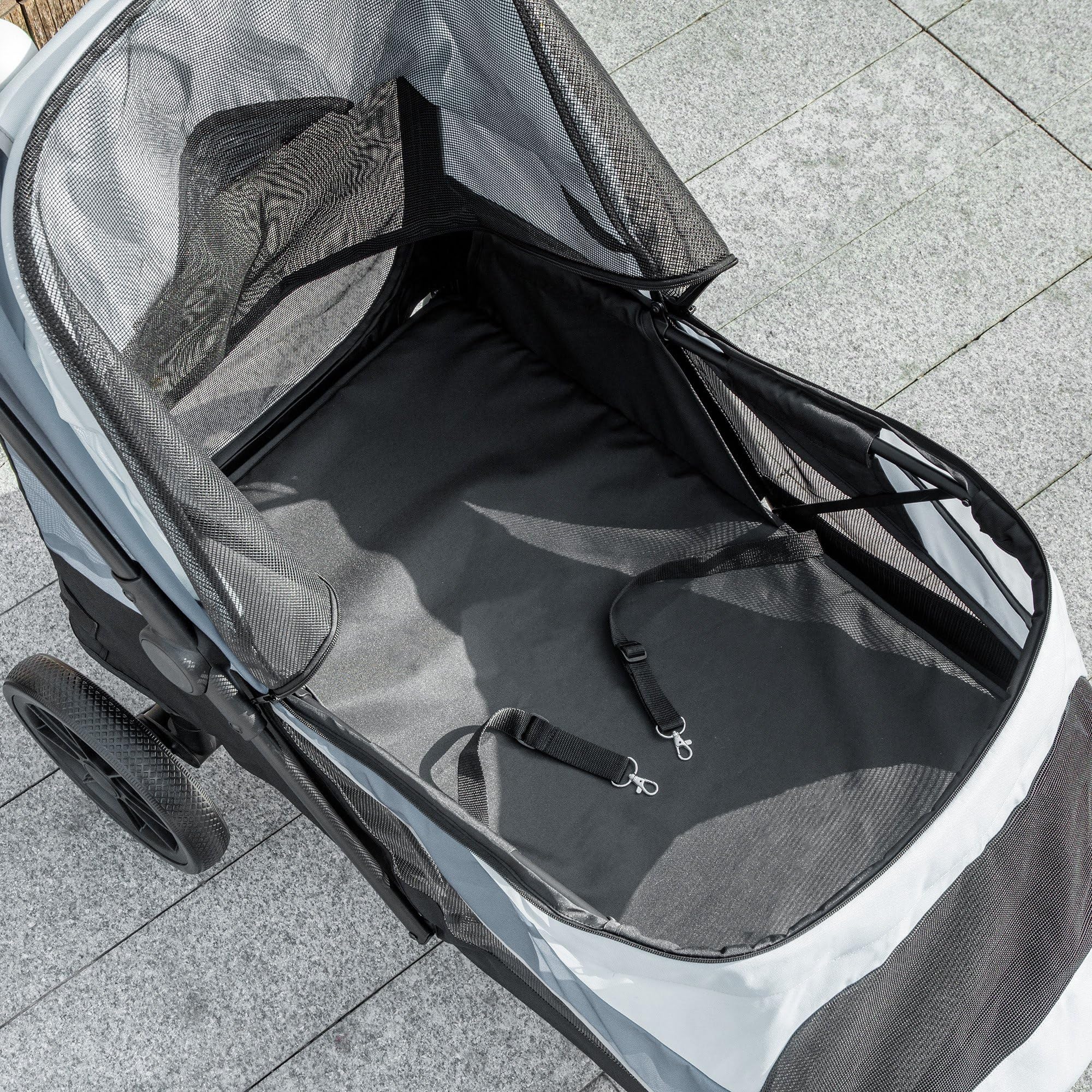 PawHut Carrito para Perros Plegable, Cochecito para Perros Grandes hasta 25 kg con Ruedas Grandes, Correas de Seguridad, Amortiguador, Cojín Lavable, Marco de Acero, Freno, 124x67x100 cm, Gris