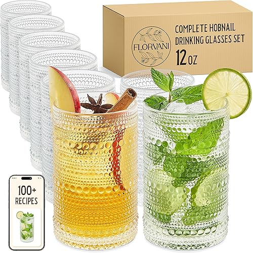 Miniatura 8 de Juego de 6 vasos para beber Hobnail de 12 onzas, juego de cristalería multiusos transparente, vasos decorativos y elegantes para bar, cocina,