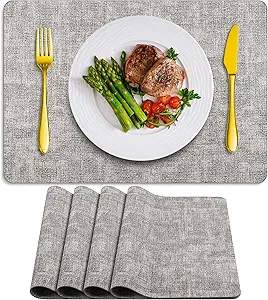Placemats Set of 4 Washable, Heat Resistant Table Placemats Wipeable Faux Leather Place Mats Non Slip, Waterproof Square Table Mats for Indoor Outdoor, Light Grey