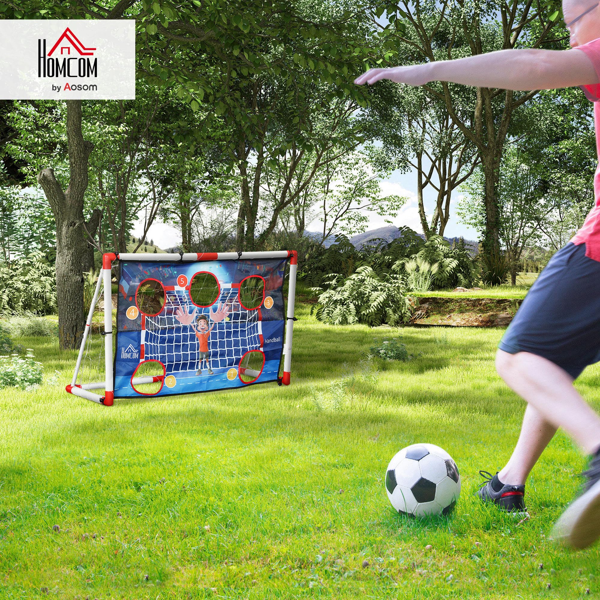 HOMCOM But de Foot et Cage de Handball extérieur 2 en 1, 5 Zones cibles, Ballon Gonflable avec Pompe, piquets de Sol en U, Cadre léger, Blanc