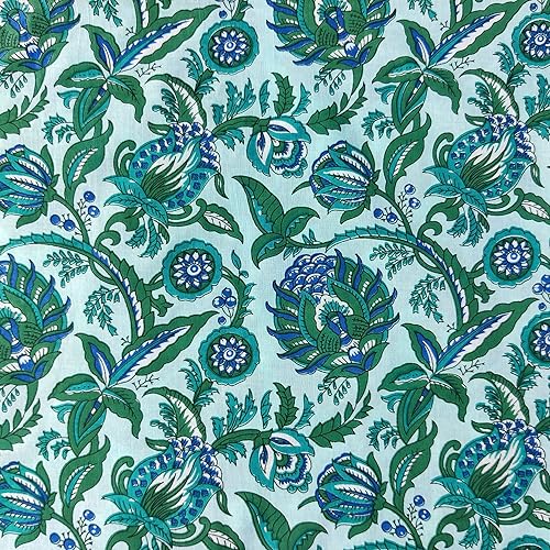 Miniatura 1 de Craftbot Tela estampada a mano por The Yard - PRECUT de 3 yardas de ancho - Material 100% algodón - Patrón floral verde - Tela india ligera para