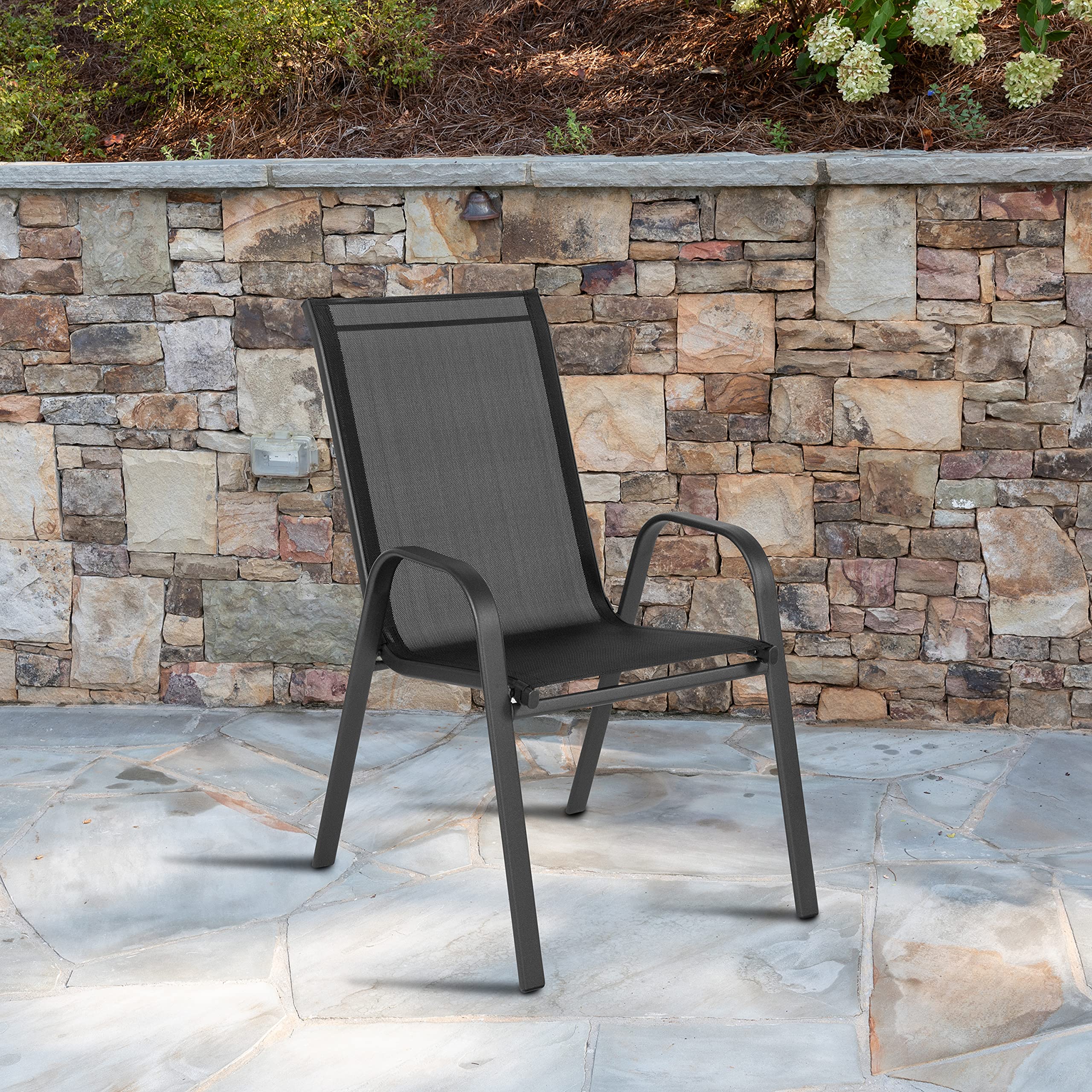 Flash Furniture Brazos Series Black Outdoor Stack Chair with Flex Comfort Material and Metal Frame (4 pack)