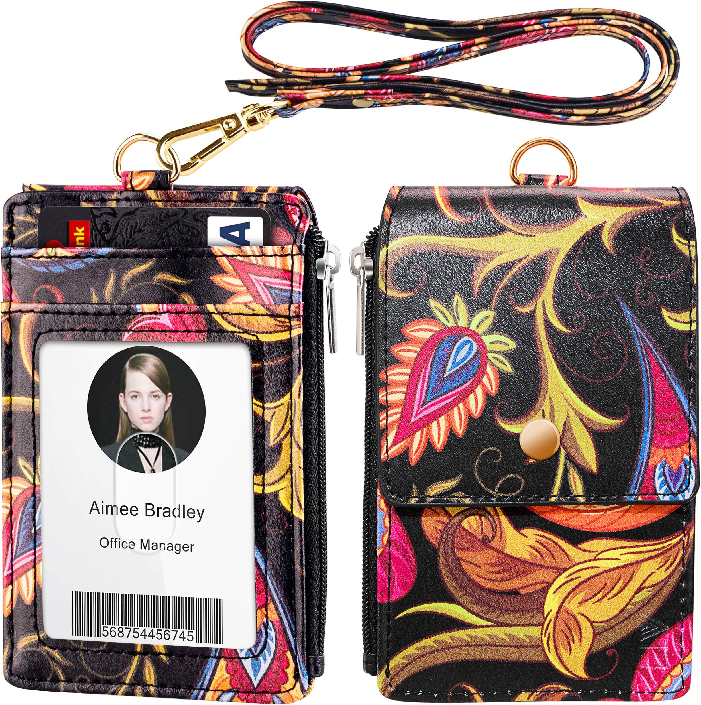 ELV Badge Holder with Zipper, ID Badge Card Holder Wallet with 5 Card Slots, 1 Side RFID Blocking Pocket and 20 inch Neck Lanyard Strap for Offices ID, School ID, Driver Licence - Colorful