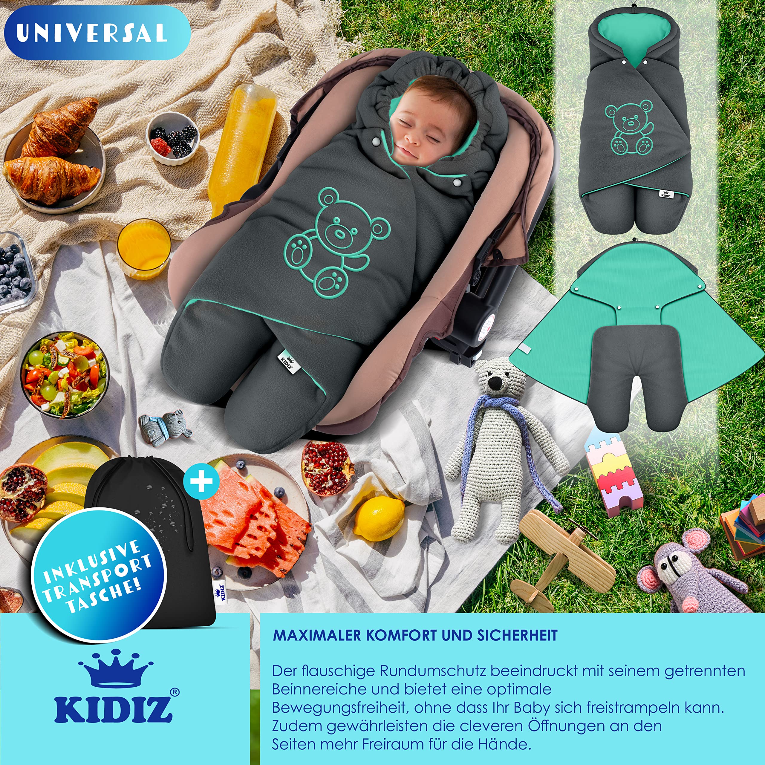 Kidiz® Baby Einschlagdecke Babyschale Winter Herbst Babydecke mit Tasche Universal Fußsack kompatibel mit Maxi-Cosi, Römer, Buggy, Kinderwagen & Autositz isolierend gegen Wind, Nässe & Kälte