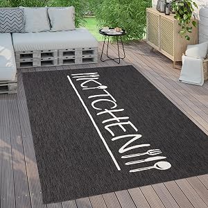 Paco Home Outdoor Teppich Wetterfest Wohnzimmer Balkon Küchenteppich Modernes Muster Mit Schriftzug, Grösse:240×340 cm, Farbe:Anthrazit 2