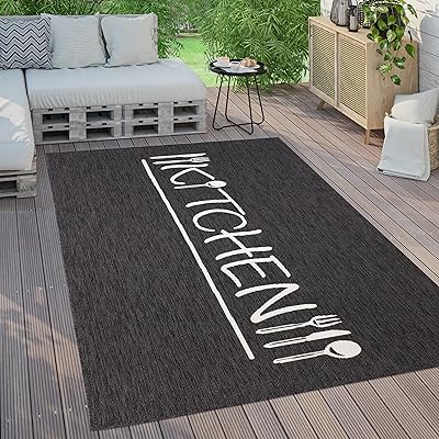 Paco Home Outdoor Teppich Wetterfest Wohnzimmer Balkon Küchenteppich Modernes Muster Mit Schriftzug, Grösse:240×340 cm, Farbe:Anthrazit 2