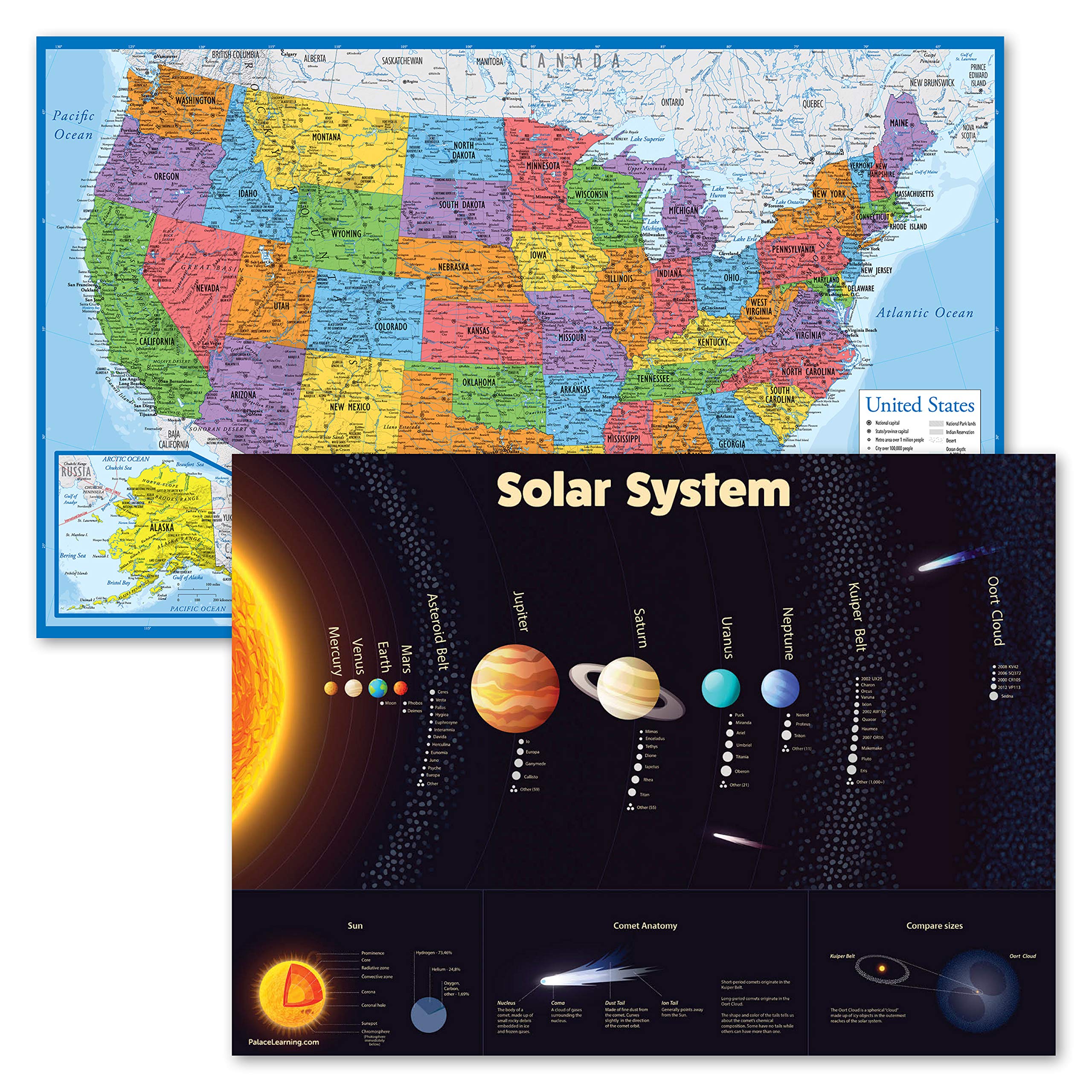 2 Pack - Solar System Poster for Kids & USA Map Chart [Blue Ocean] (Laminated, 18" x 24")