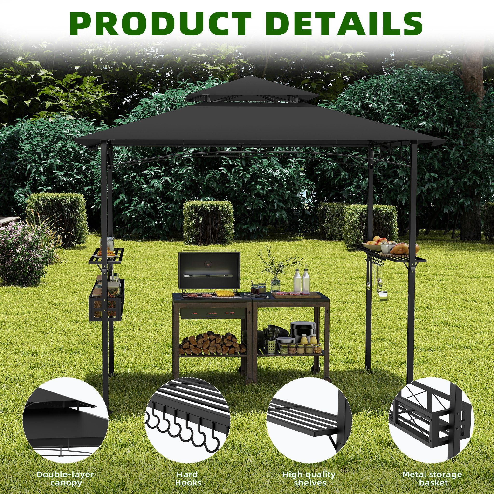 Gazebo per barbecue resistente alle intemperie, autoportante, con protezione solare, doppio tetto, scaffali e cestini, per giardino e spiaggia