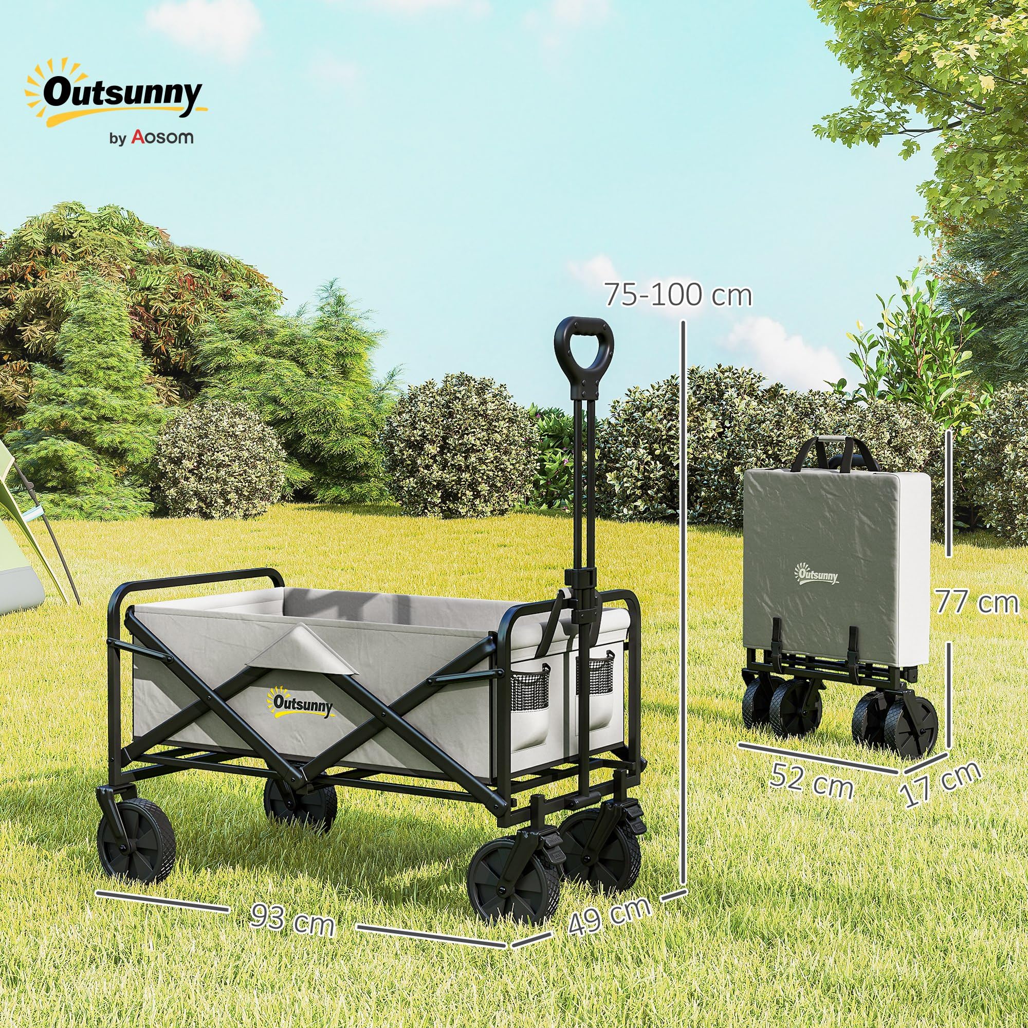 Outsunny Chariot de Camping Pliable à roulettes avec poignée réglable, Portable pour extérieur, Jardin, Shopping, pêche, 90 l, Gris foncé