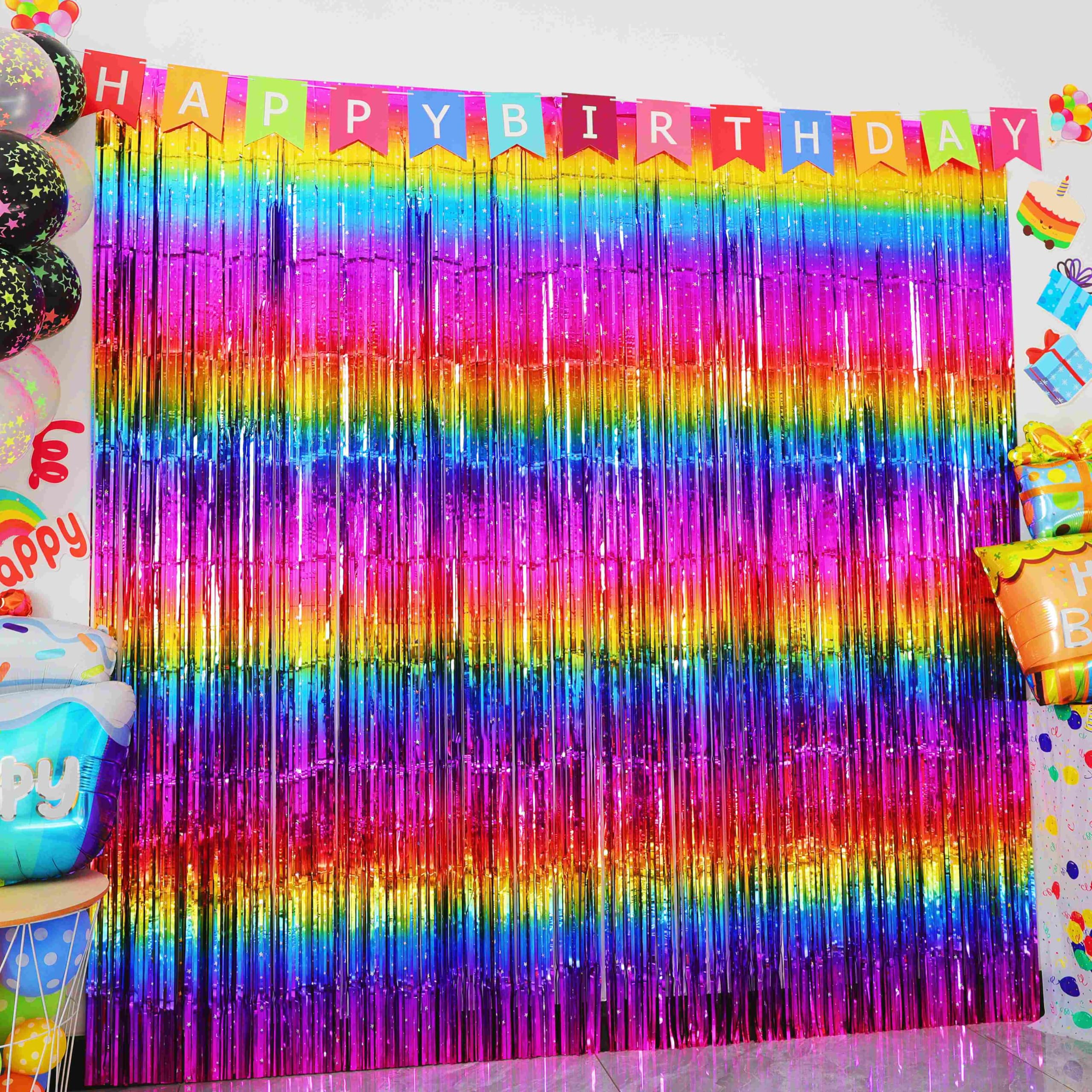 Paquete de 4 cortinas de flecos de papel de aluminio arcoíris brillante, telón de fondo metálico para cabina de fotos, accesorios para cumpleaños, despedida de soltera, día del orgullo gay,