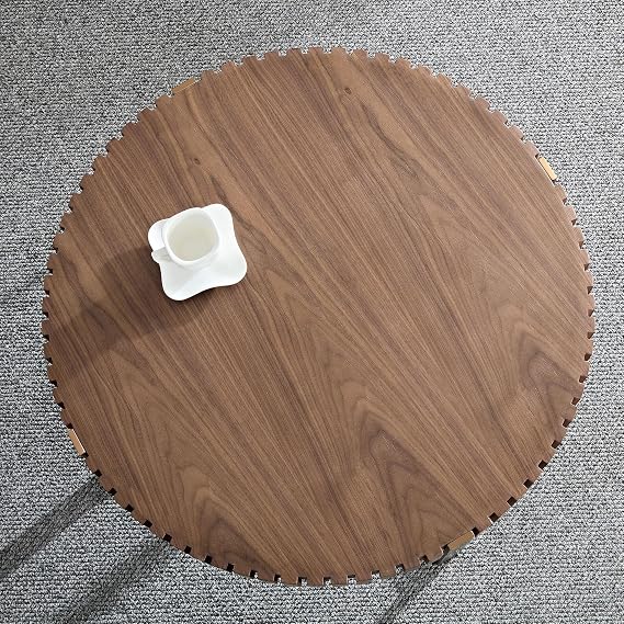 31.5'' Small Coffee Table, Modern Round Solid Wood Coffee Tables for Living Room Apartment Office Studio Circle Drum Wooden Handcrafted Relief Fluted & Gold Sturdy Pedestal, Walnut