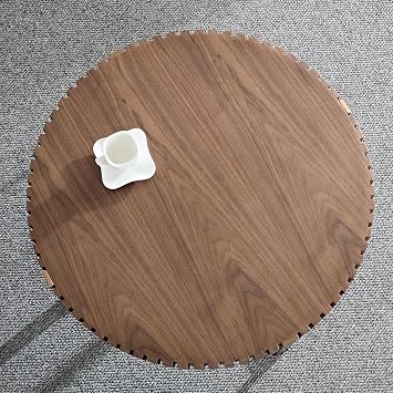31.5'' Small Coffee Table, Modern Round Solid Wood Coffee Tables for Living Room Apartment Office Studio Circle Drum Wooden Handcrafted Relief Fluted & Gold Sturdy Pedestal, Walnut
