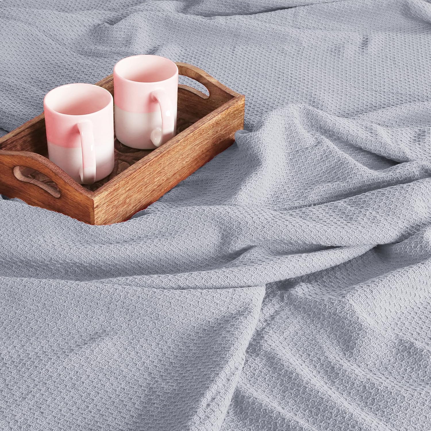 BOUTIQUO 100% Cotton Bed Blanket, Breathable Thermal Twin Size, Soft Honeycomb Waffle Blanket 60"x90", Perfect for Layering Any Bed for All Season, Light Grey - Image 2