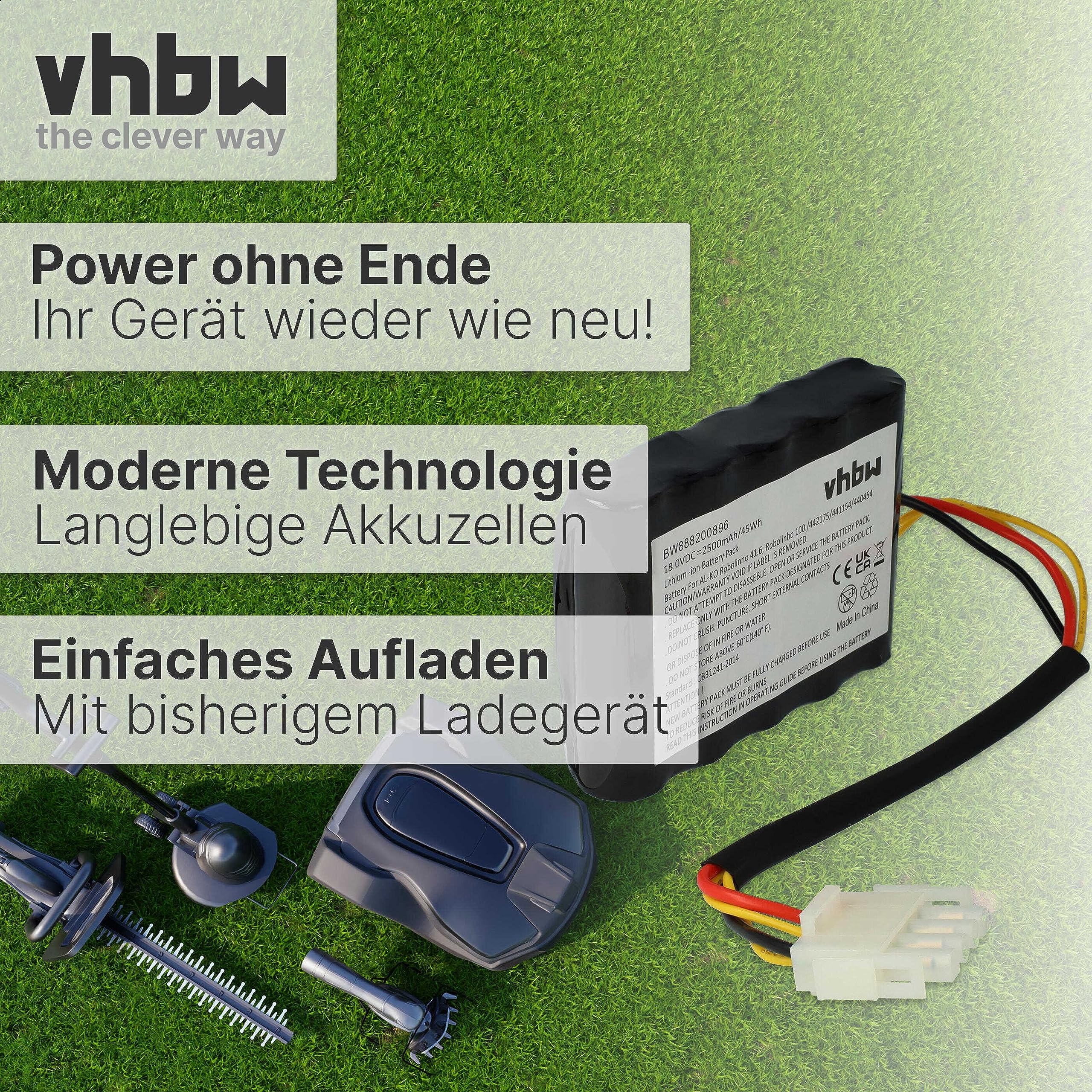 vhbw 1 x akumulator kompatybilny z AL-KO Robolinho 700 I, 550 W, 800 W, 700 W, 822 W, 500 I, 500 W, 500 IW 2500 mAh 18 V litowo-jonowa