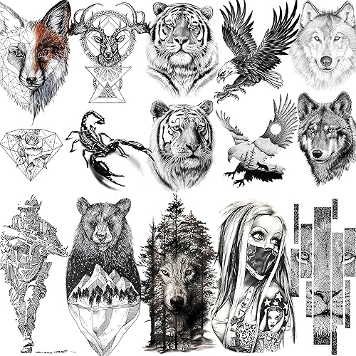 VANTATY 10 hojas de tatuajes temporales realistas de tigre animales para hombres brazaletes soldados calcomanías de tatuaje falsas para mujeres