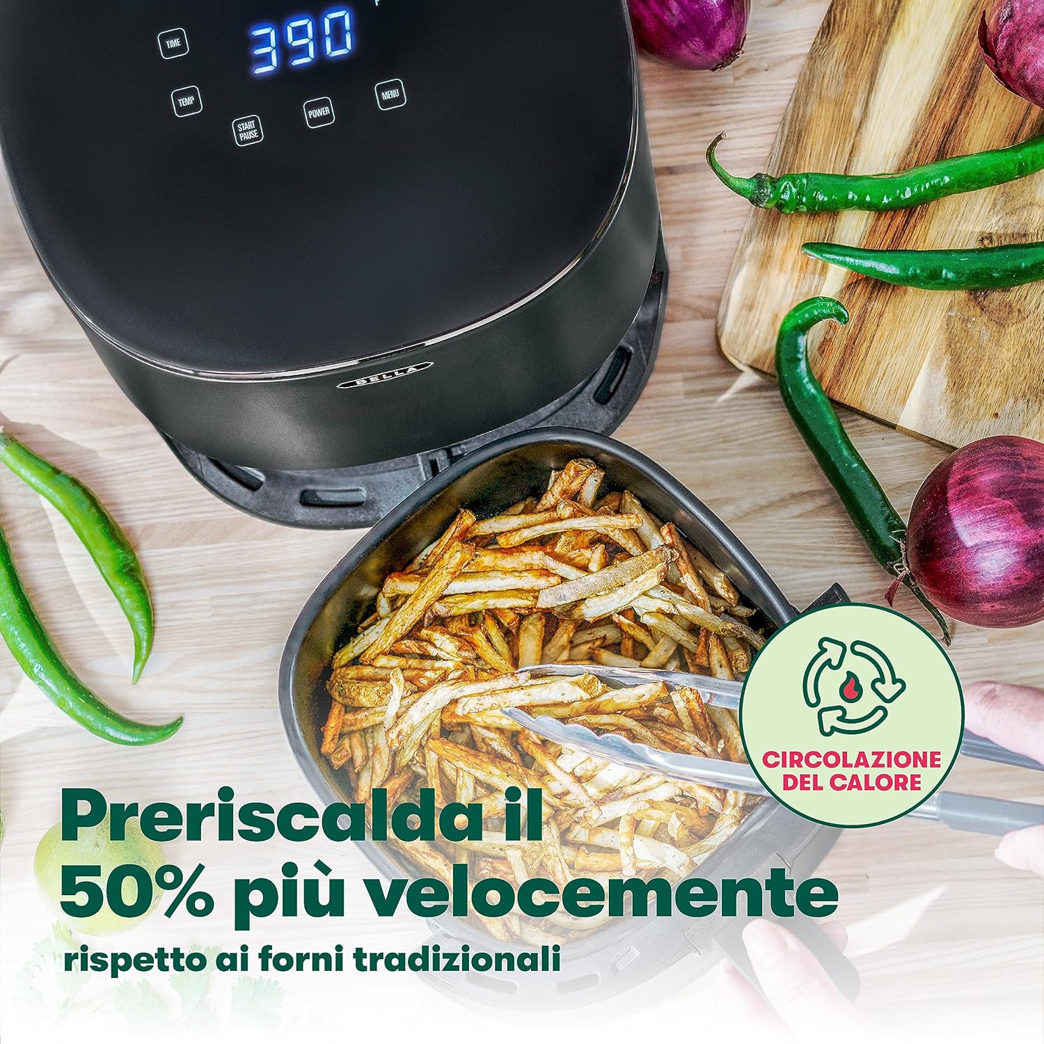 Friggitrice ad aria BELLA Touchscreen da 2,7 L, frittura senza olio, cestello antiaderente e griglia di cottura rimovibili e lavabili in lavastoviglie, rosso opaco