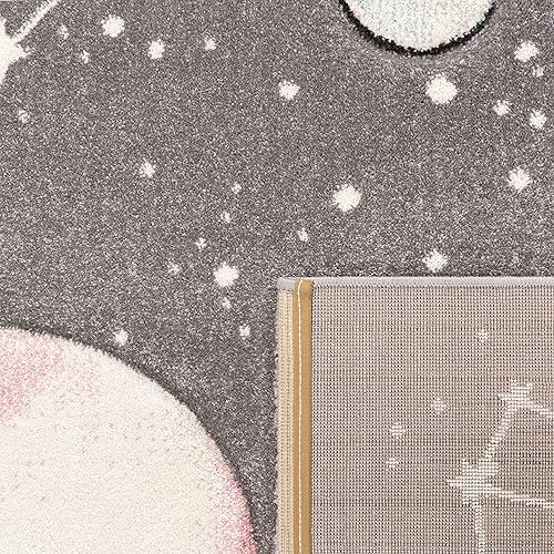 Miniatura 4 de Paco Home Alfombra infantil con diseño de galaxia espacial para guardería, planetas y estrellas en gris, tamaño 6 pies 7 pulgadas, redonda