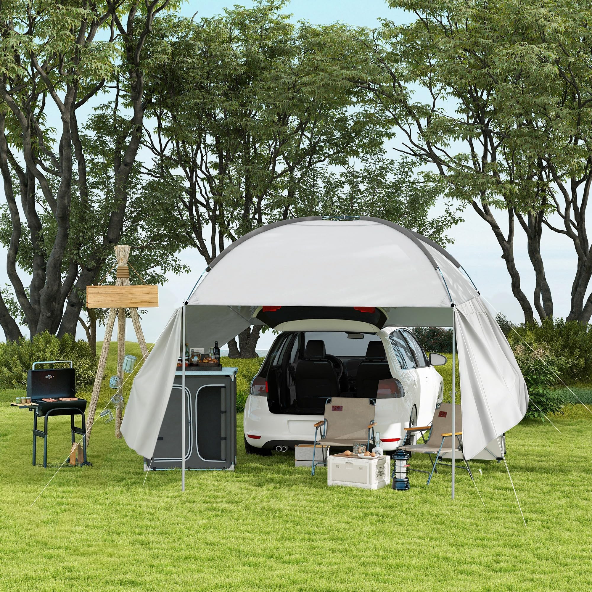 Outsunny Tendalina ad Arco Portatile con Pareti Laterali e Paletti Regolabili, Tenda per Auto in Poliestere, Acciaio e Fibra di Vetro, 300x262x230-260 cm, Grigio Chiaro