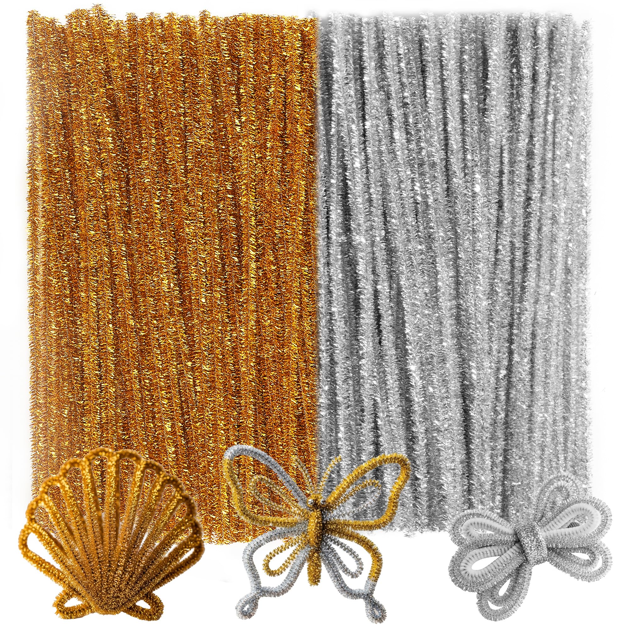 Caydo 200 Pieces Glitter Golden &amp; Silver Pipe Cleaners