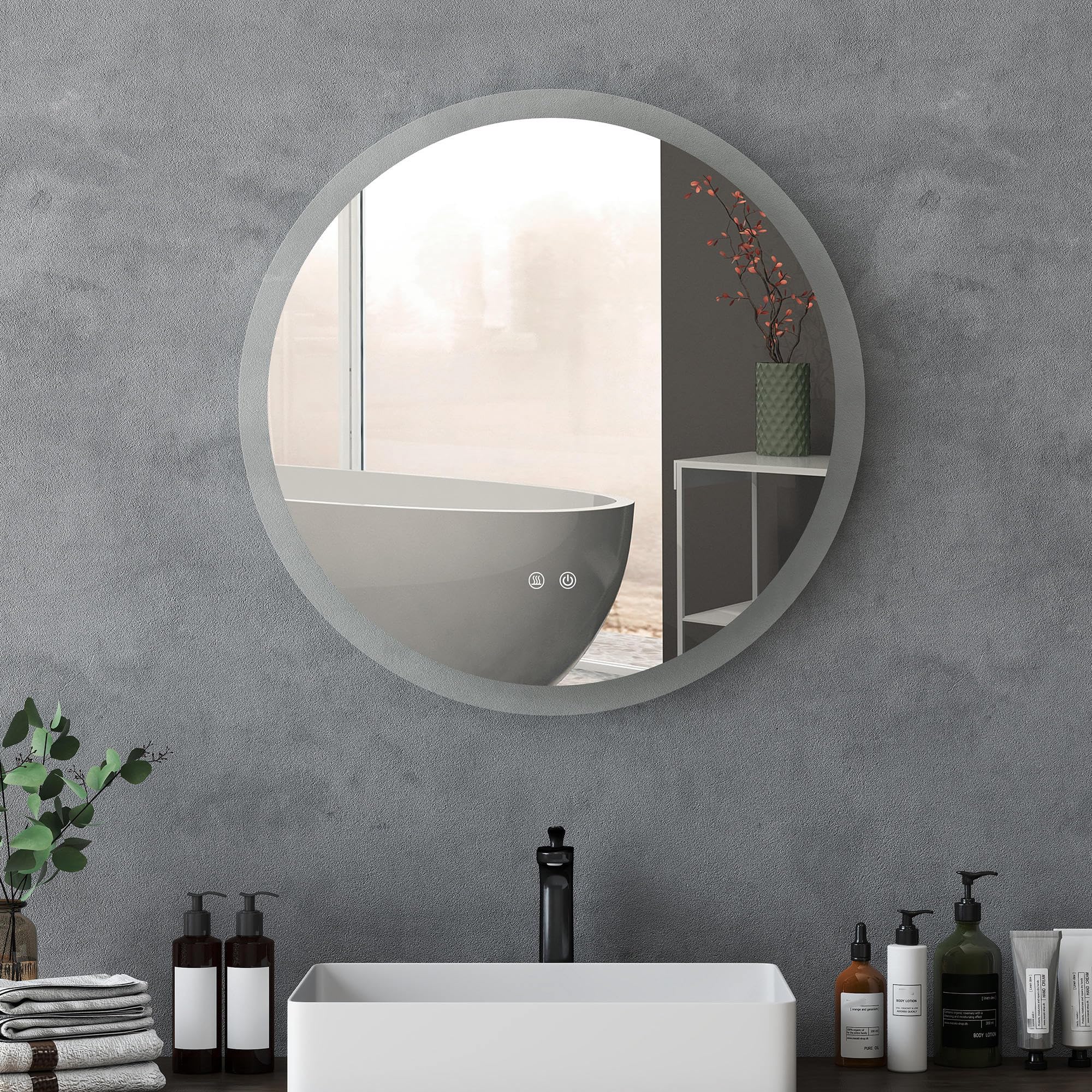 kleankin Specchio Bagno Rotondo con Luce LED Ø70cm, 3 Colori Luce, 3000-6500K, Interruttori Touch, Specchio da Parete Antideflagrante con Luminosità Regolabile, Funzione Memoria, Antiappannamento